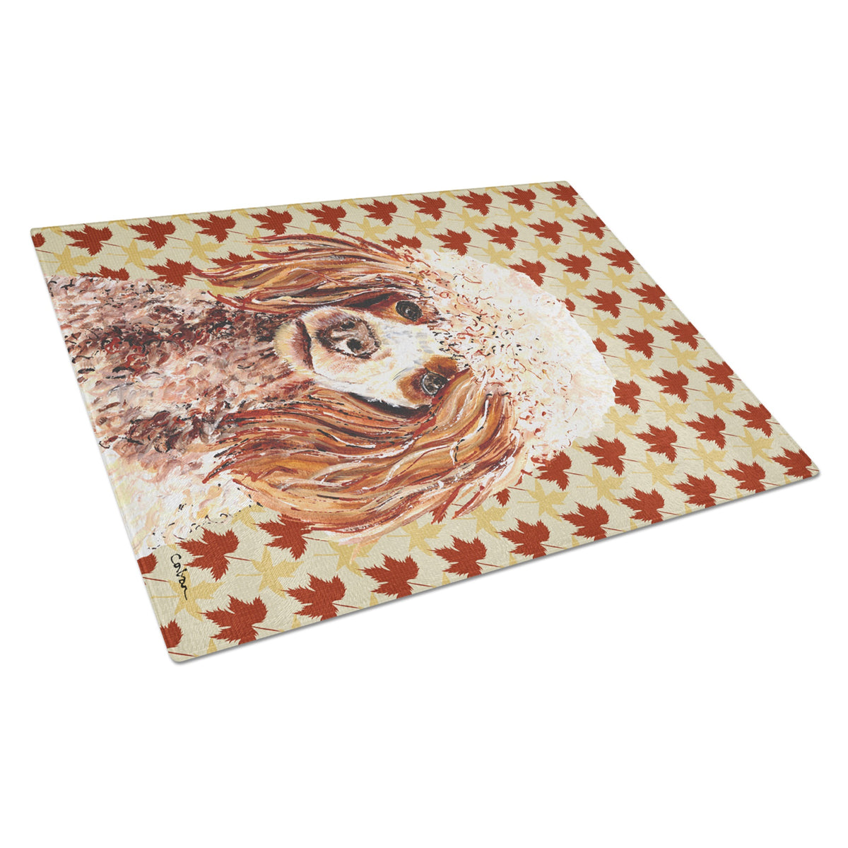 Red Miniature Poodle Fall Leaves Glass Cutting Board Large