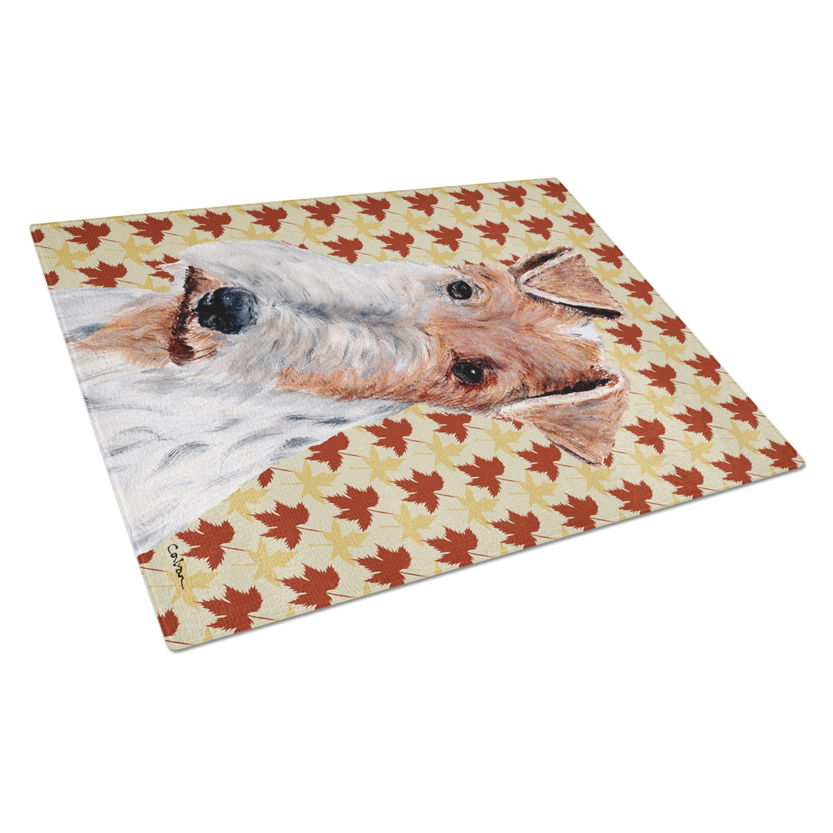 Wire Fox Terrier Fall Leaves Glass Cutting Board Large