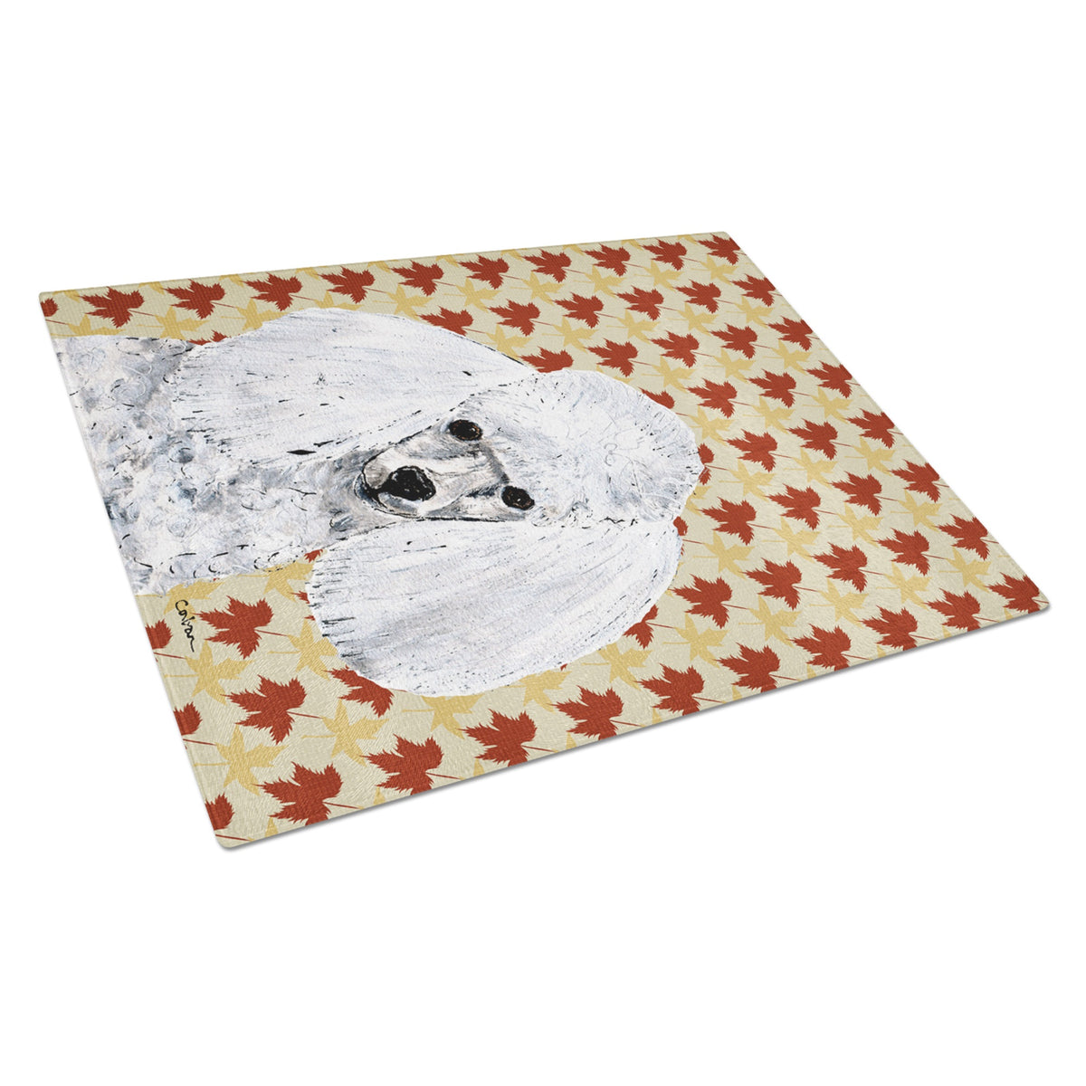 White Toy Poodle Fall Leaves Glass Cutting Board Large