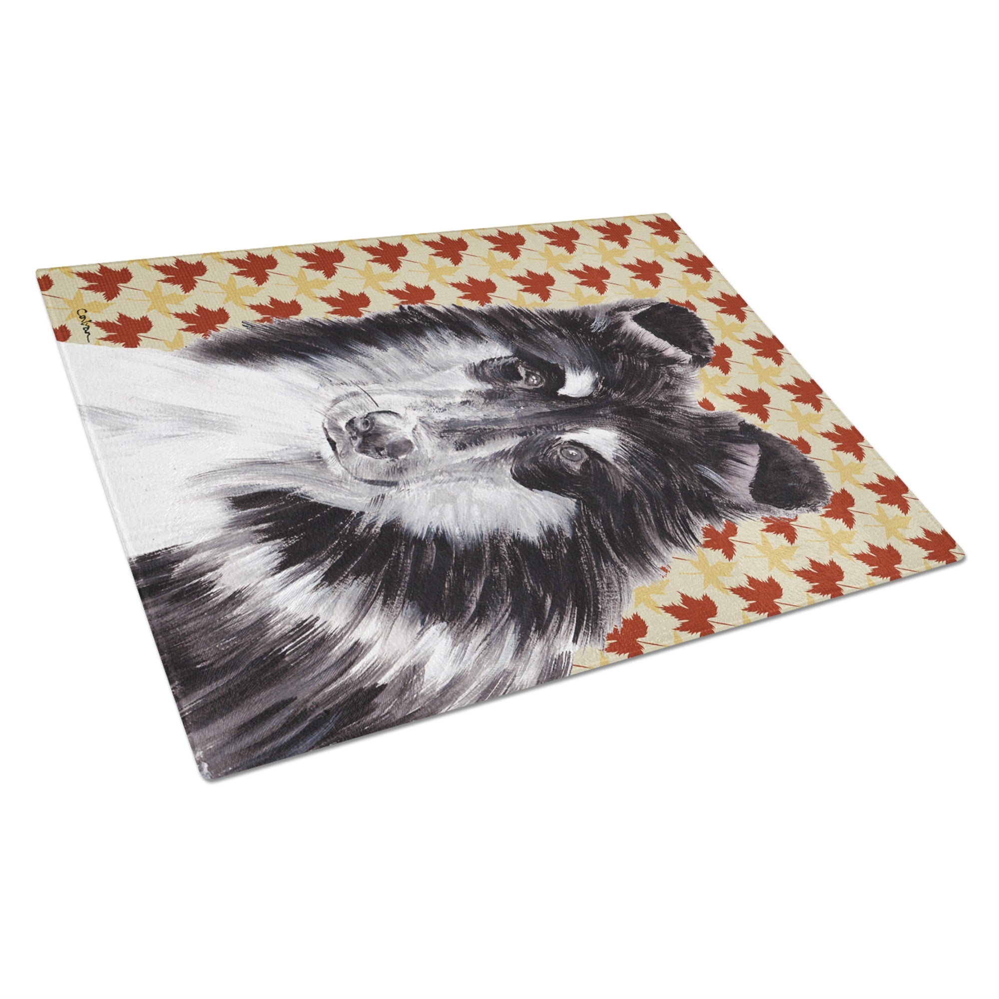 Black And White Collie Fall Leaves Glass Cutting Board Large