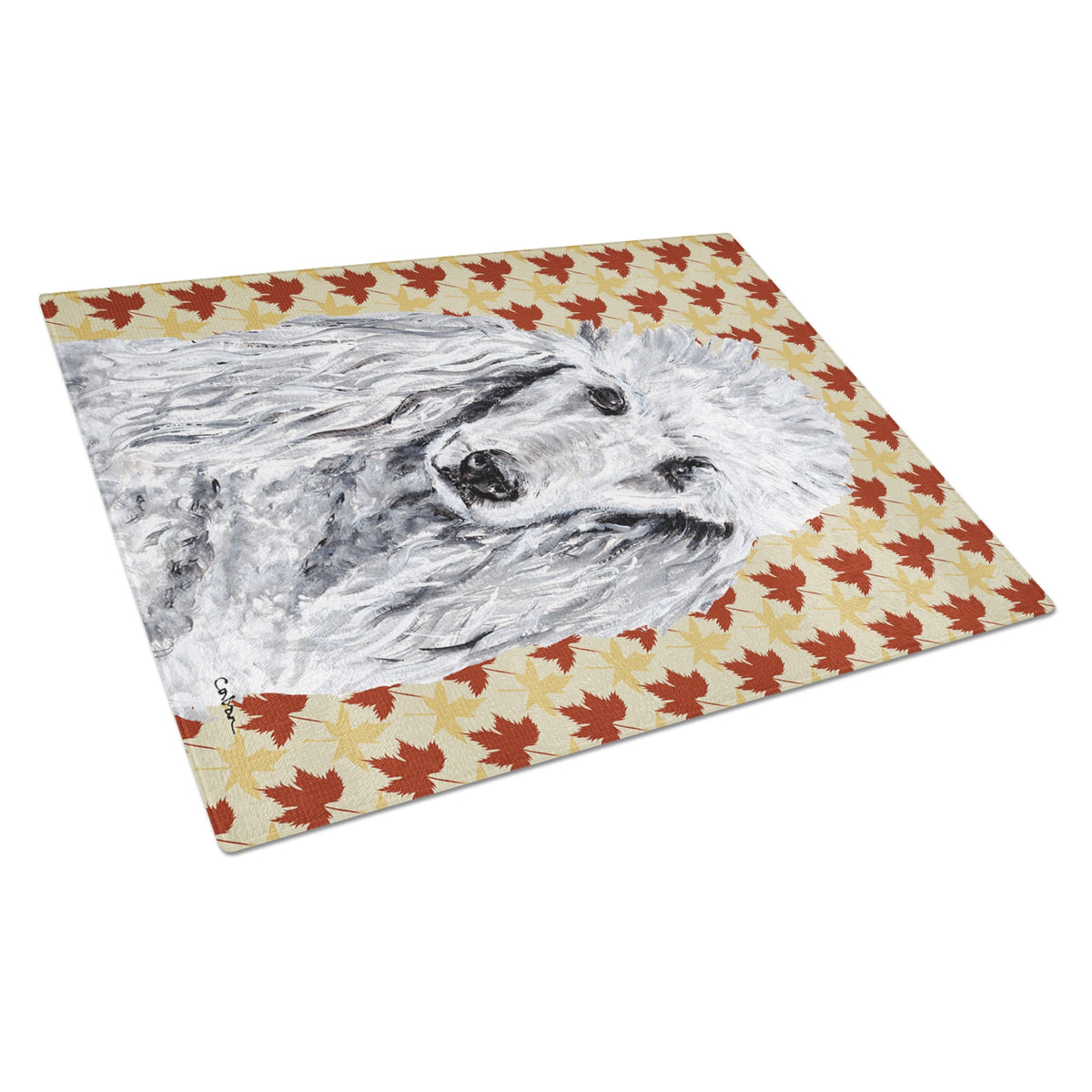 White Standard Poodle Fall Leaves Glass Cutting Board Large