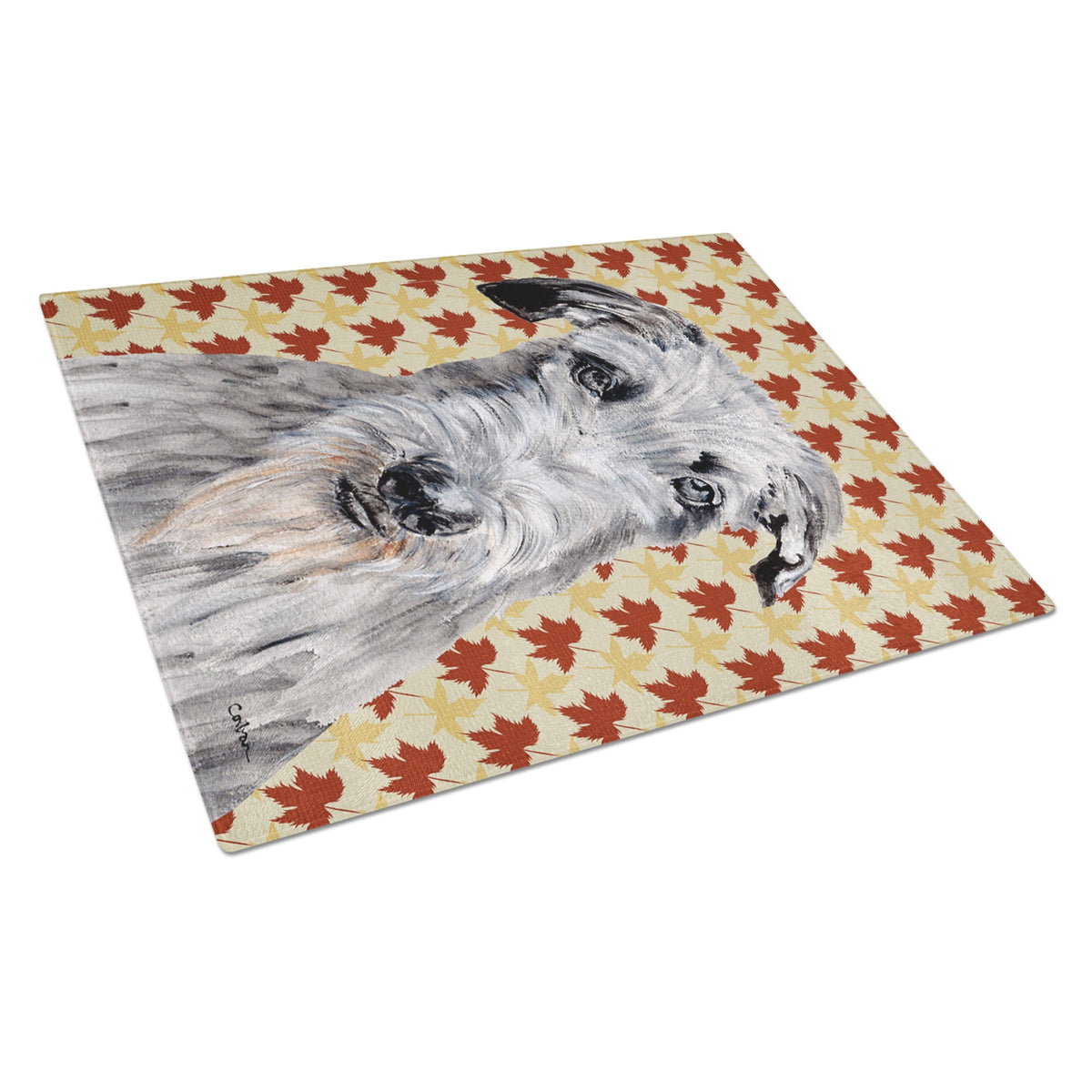 Scottish Deerhound Fall Leaves Glass Cutting Board Large