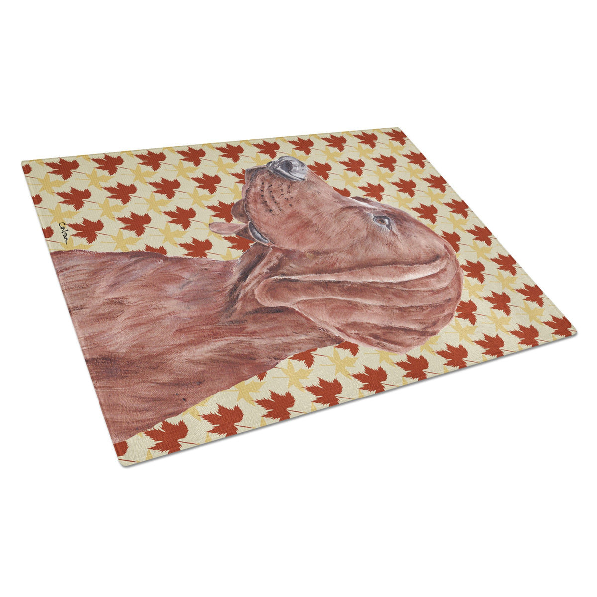 Redbone Coonhound Fall Leaves Glass Cutting Board Large