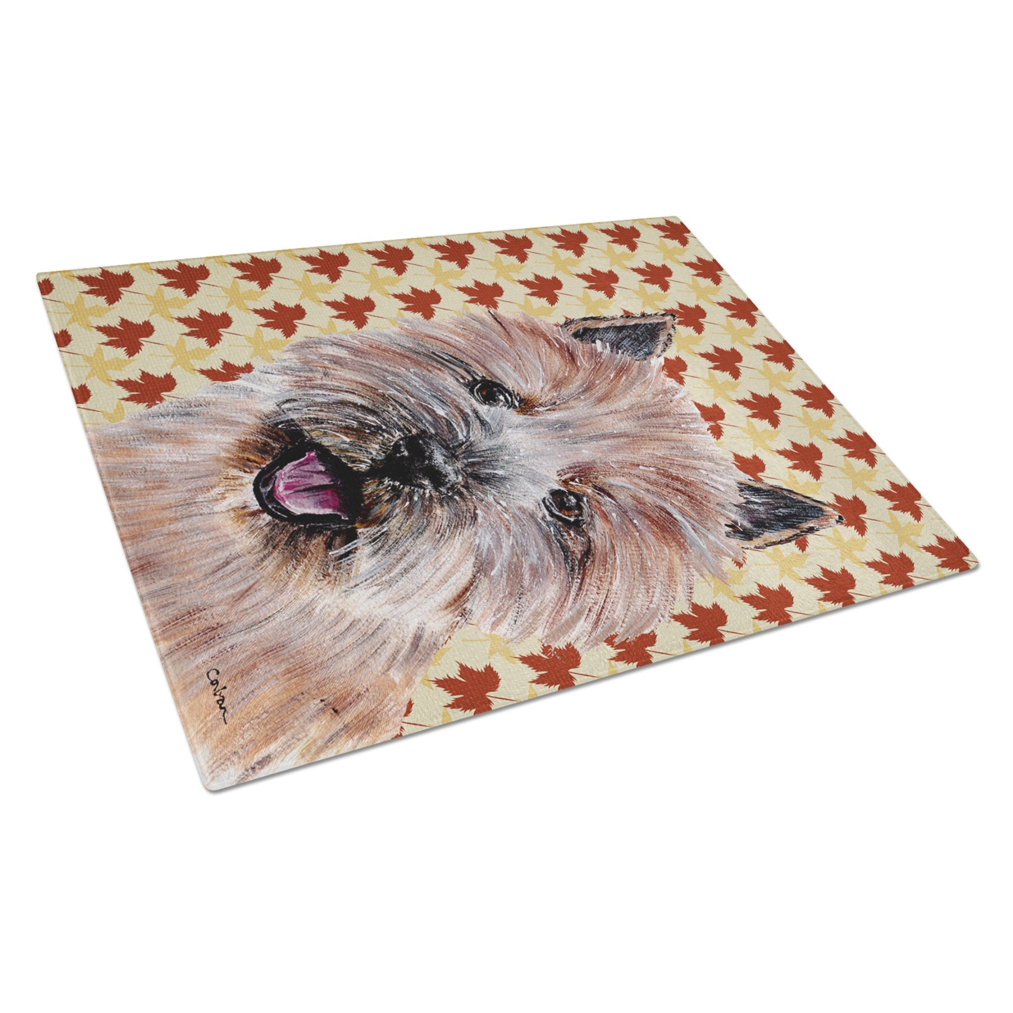 Norwich Terrier Fall Leaves Glass Cutting Board Large