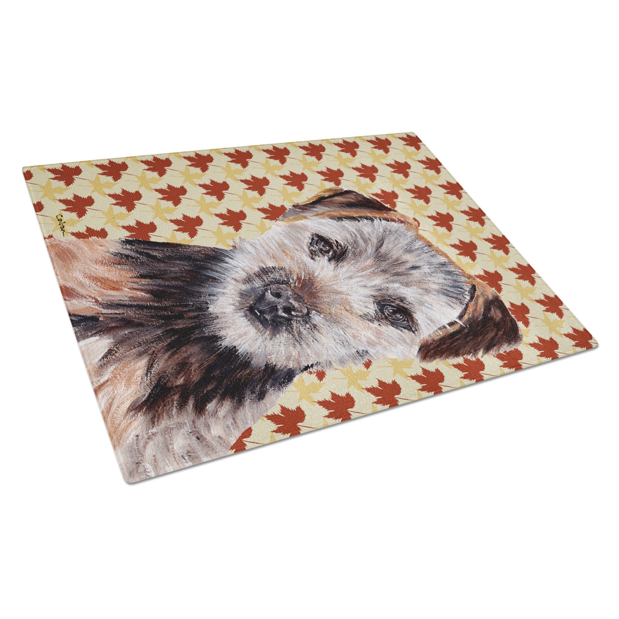 Norfolk Terrier Puppy Fall Leaves Glass Cutting Board Large