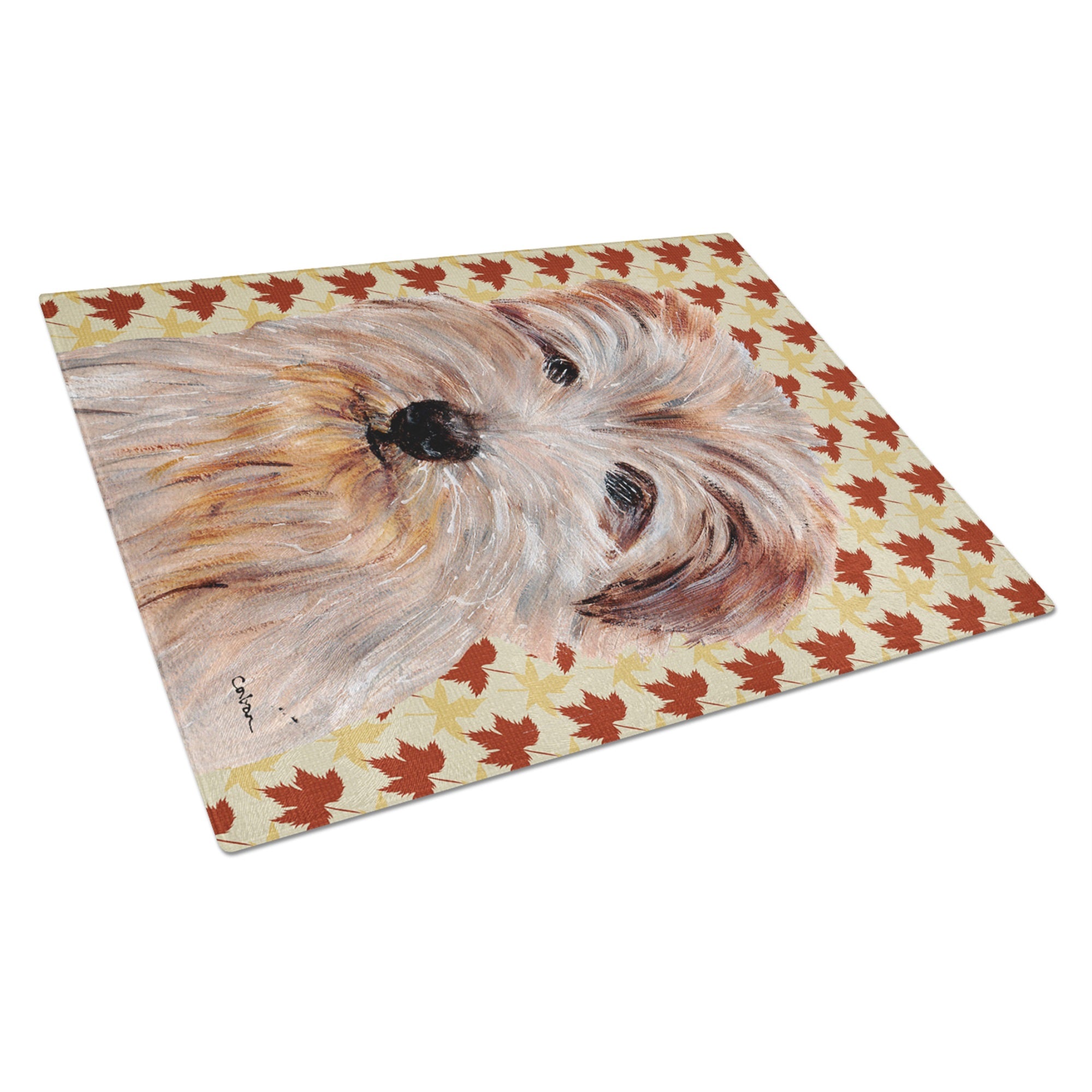 Norfolk Terrier Fall Leaves Glass Cutting Board Large