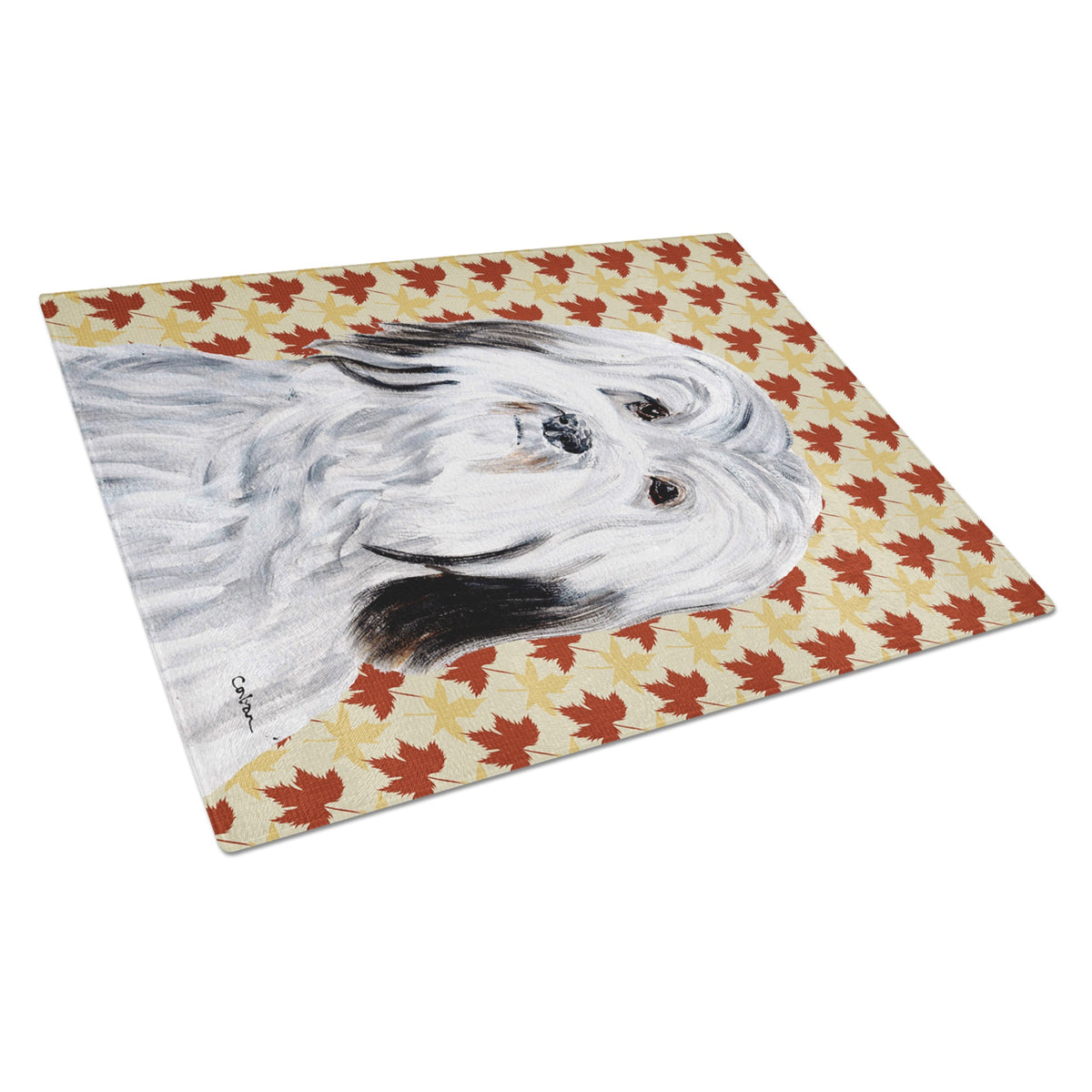 Havanese Fall Leaves Glass Cutting Board Large