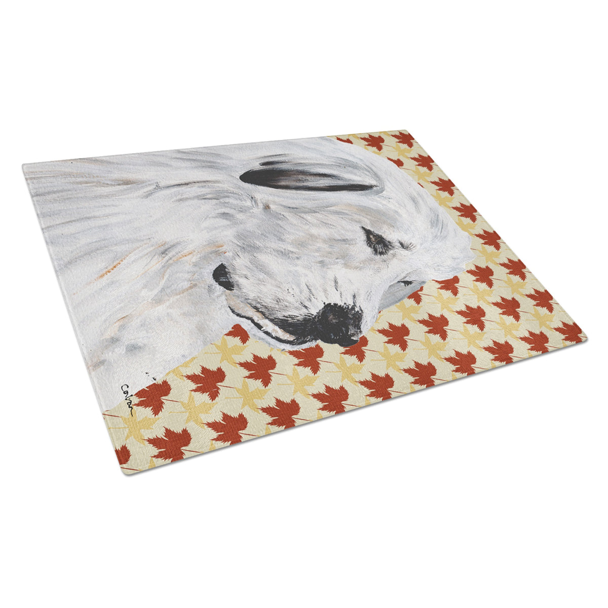 Great Pyrenees Fall Leaves Glass Cutting Board Large
