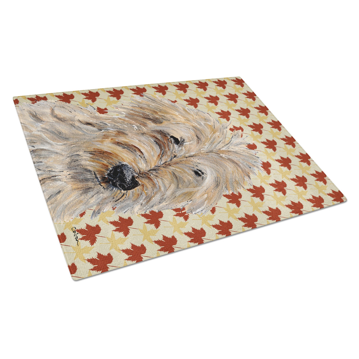 Golden Doodle 2 Fall Leaves Glass Cutting Board Large