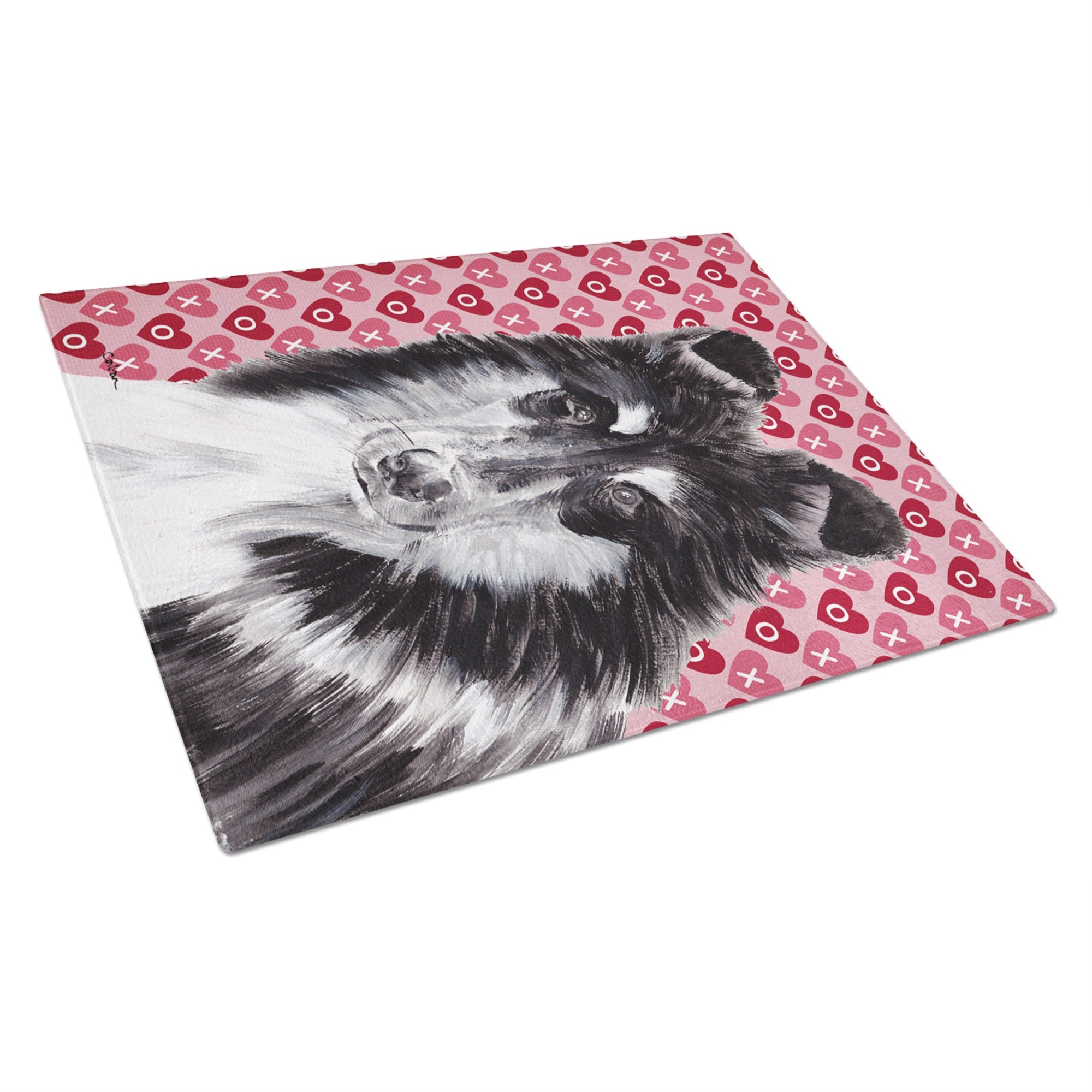 Black And White Collie Hearts And Love Glass Cutting Board Large