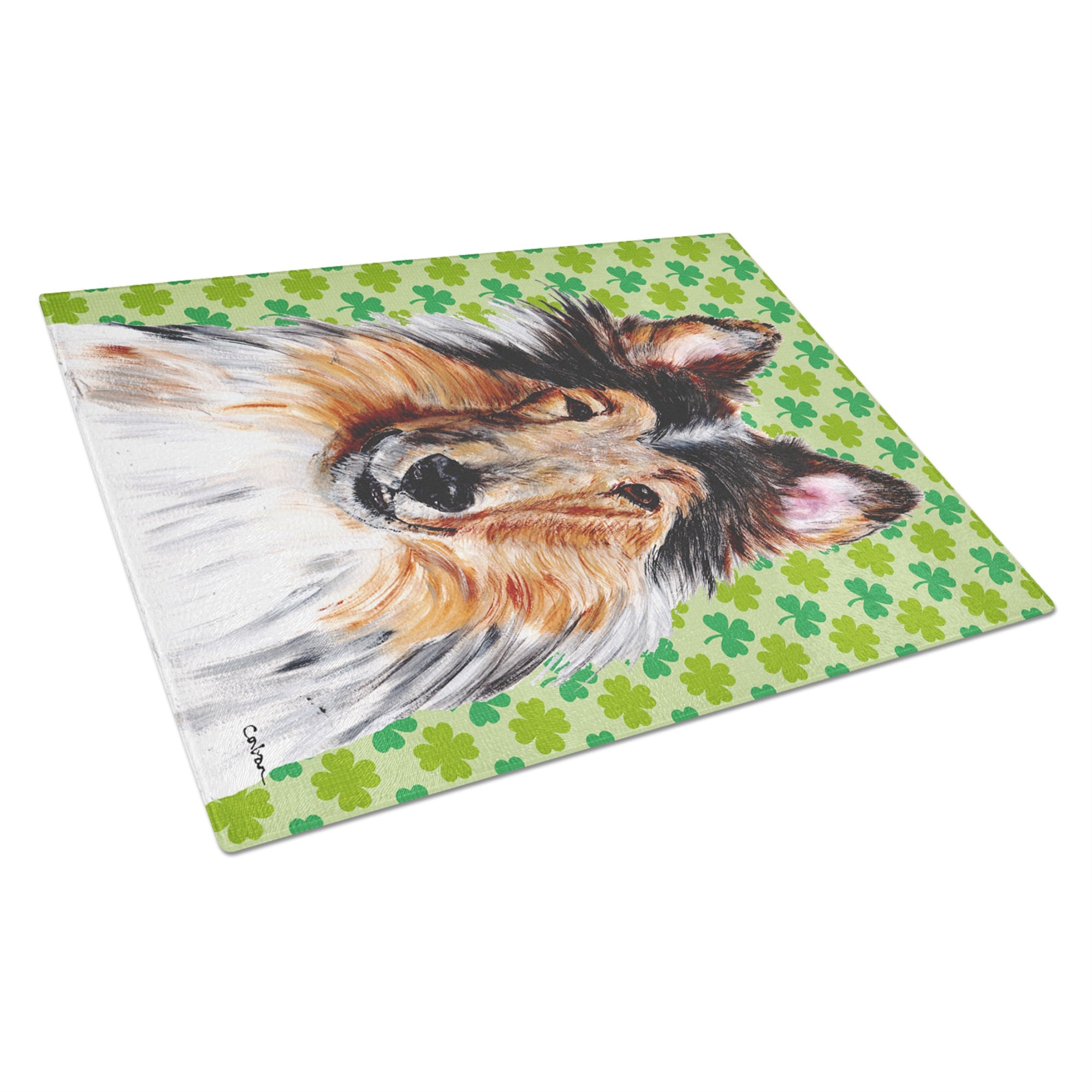 Collie Lucky Shamrock St. Patrick'S Day Glass Cutting Board Large