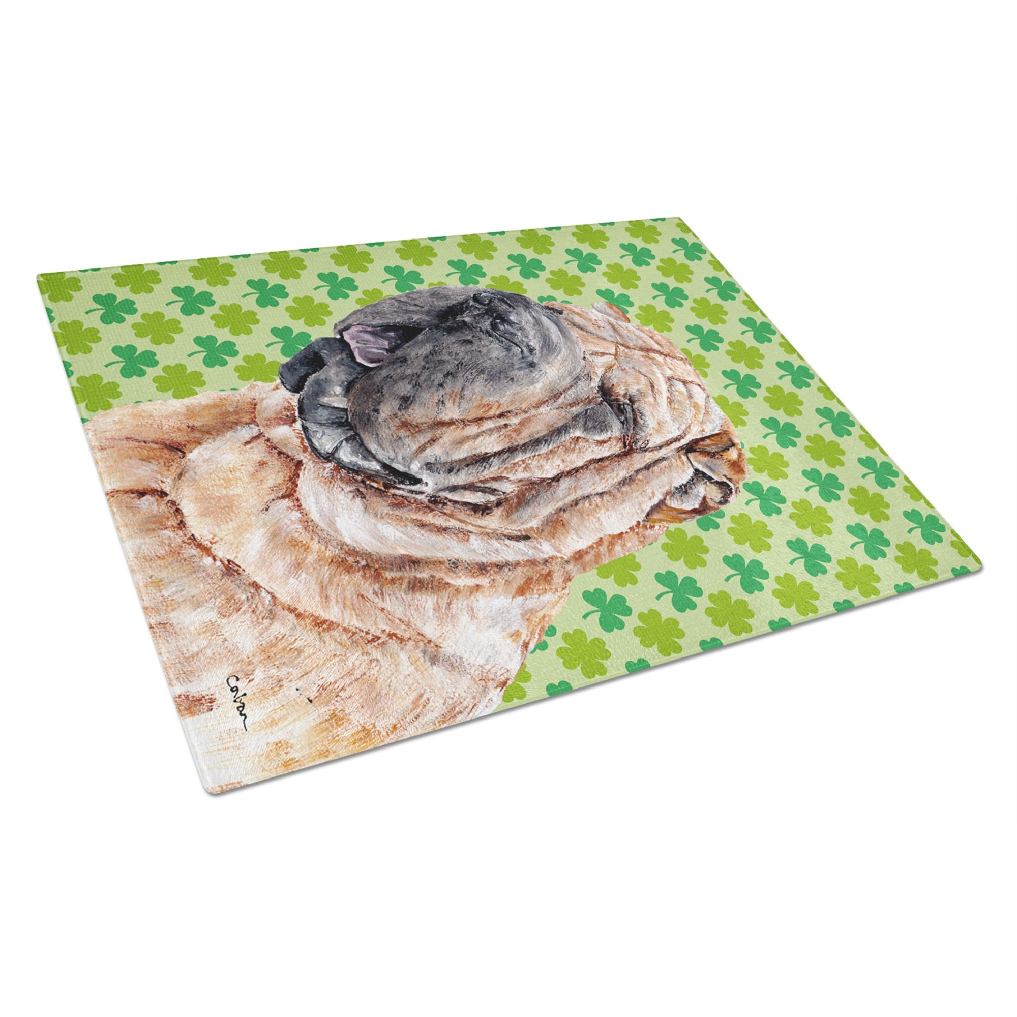 Shar Pei Lucky Shamrock St. Patrick'S Day Glass Cutting Board Large