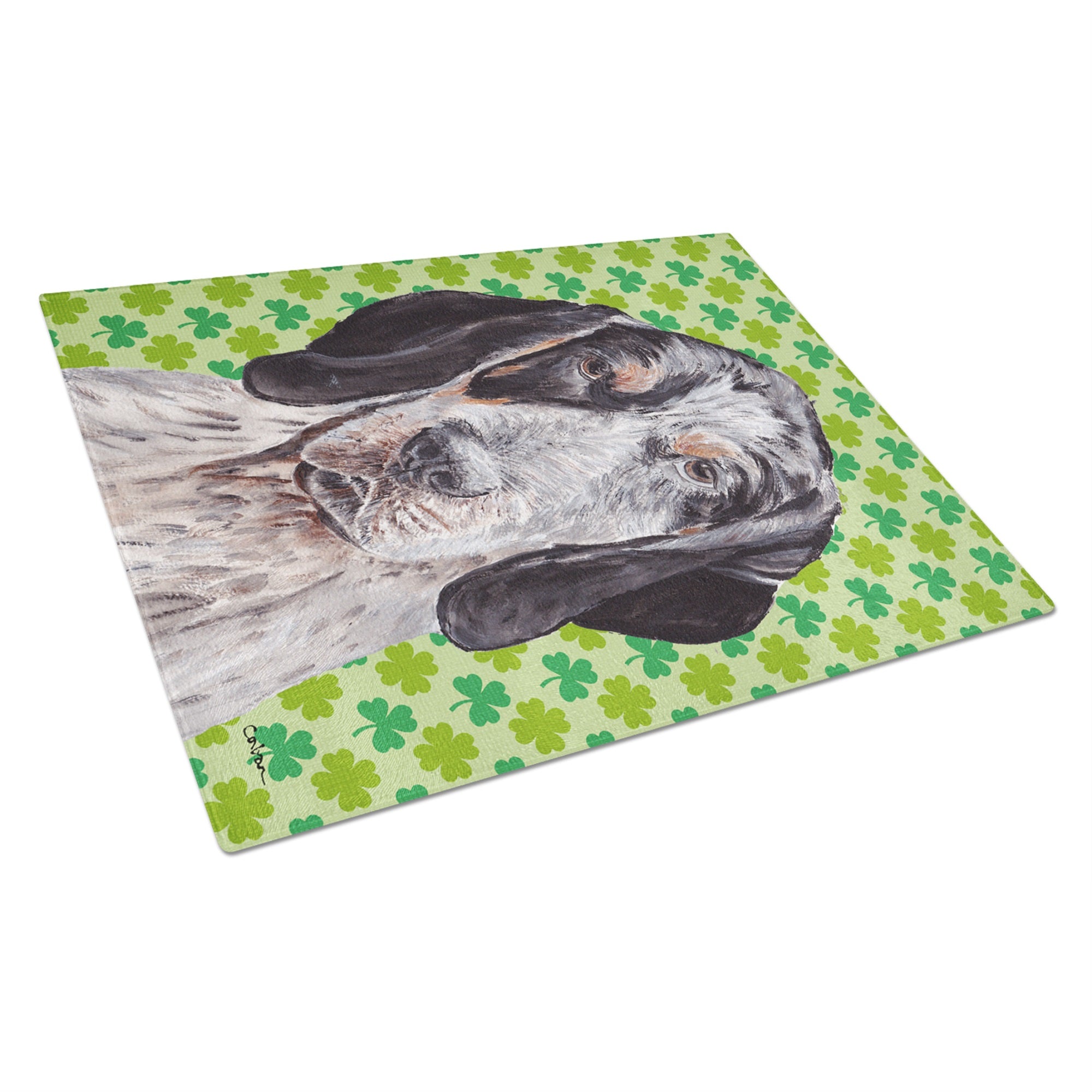 Blue Tick Coonhound Lucky Shamrock St. Patrick'S Day Glass Cutting Board Large