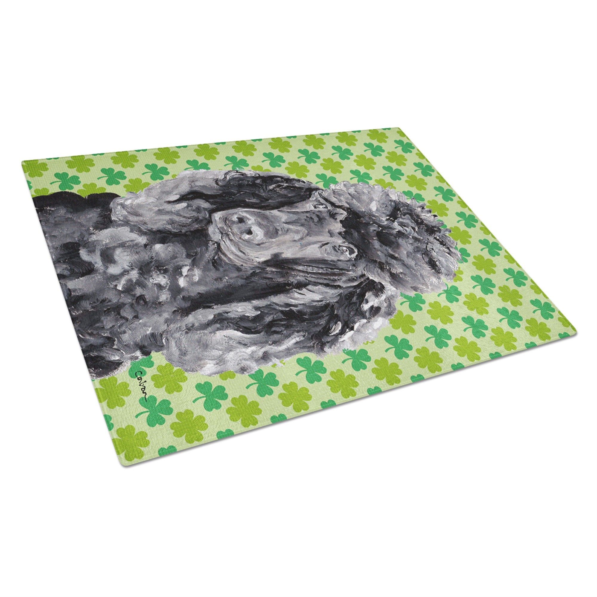 Black Standard Poodle Lucky Shamrock St. Patrick'S Day Glass Cutting Board Large