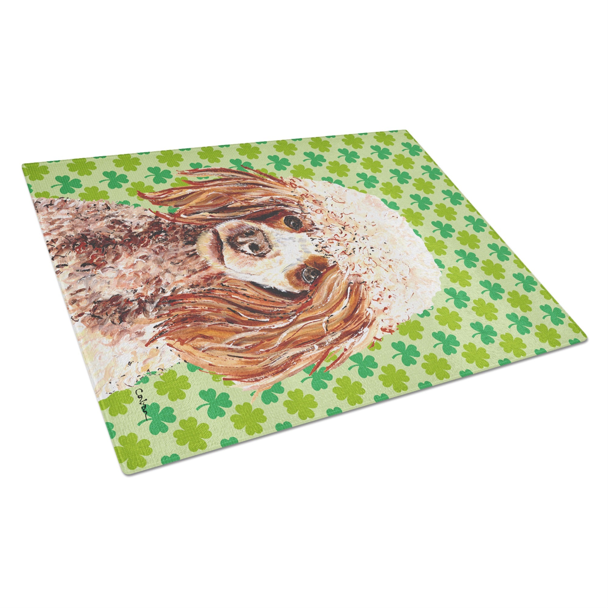 Red Miniature Poodle Lucky Shamrock St. Patrick'S Day Glass Cutting Board Large