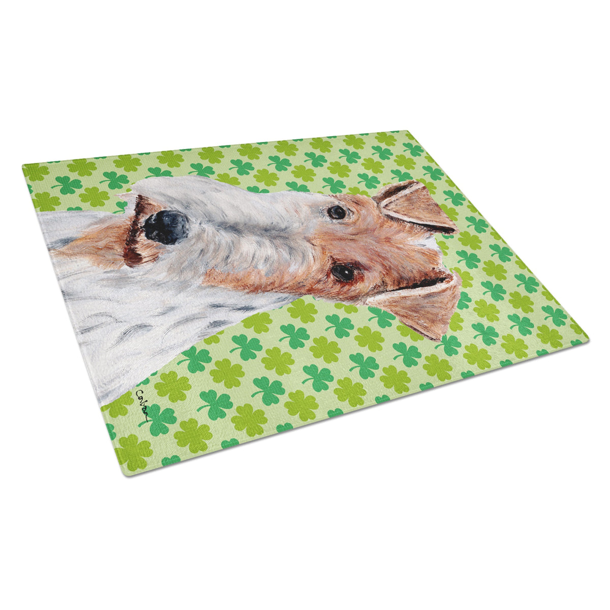 Wire Fox Terrier Lucky Shamrock St. Patrick'S Day Glass Cutting Board Large