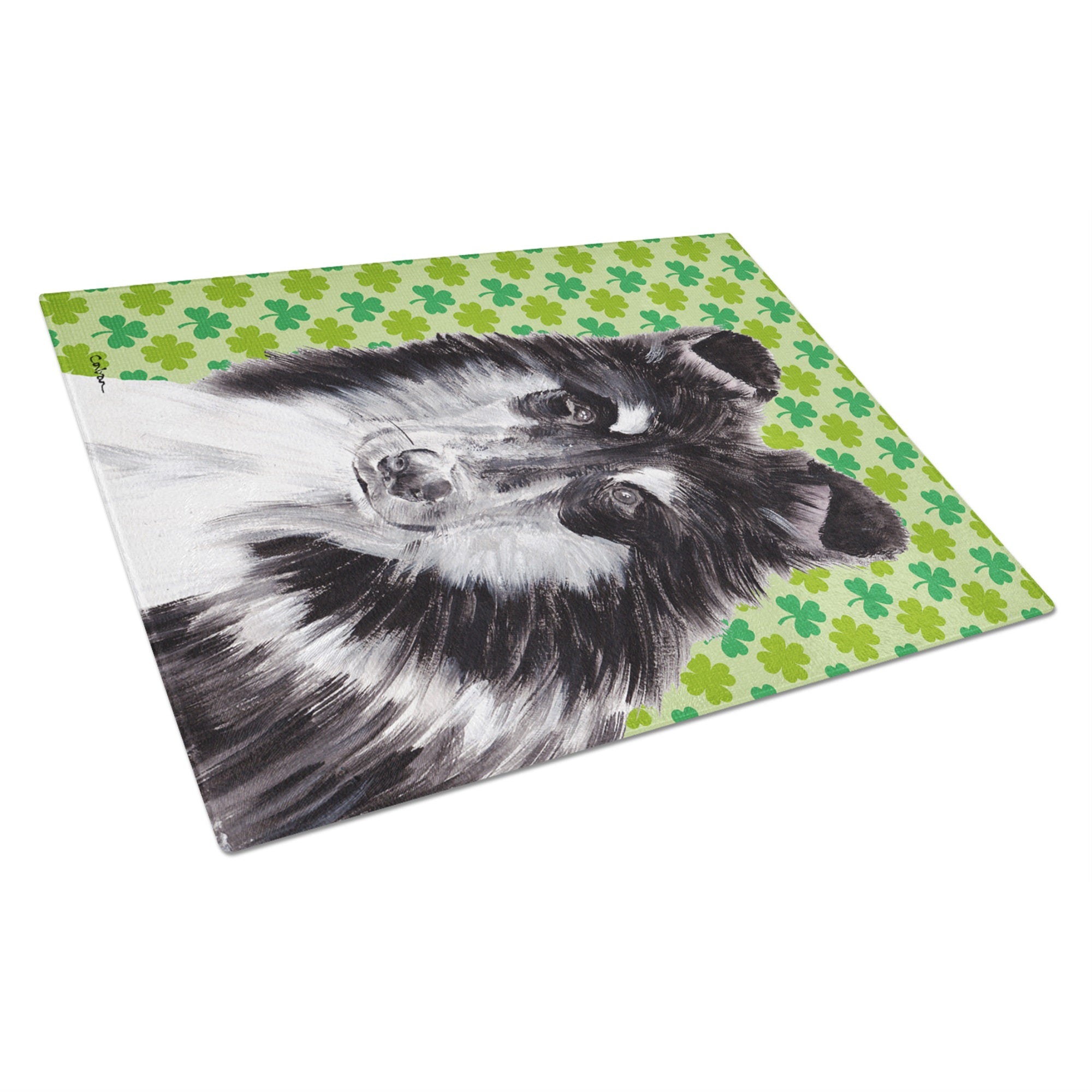 Black And White Collie Lucky Shamrock St. Patrick'S Day Glass Cutting Board Large