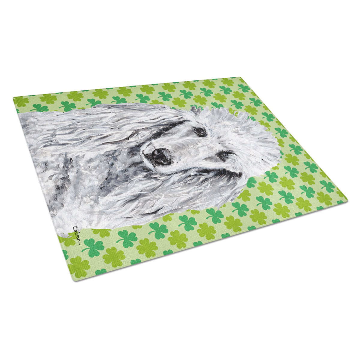 White Standard Poodle Lucky Shamrock St. Patrick'S Day Glass Cutting Board Large