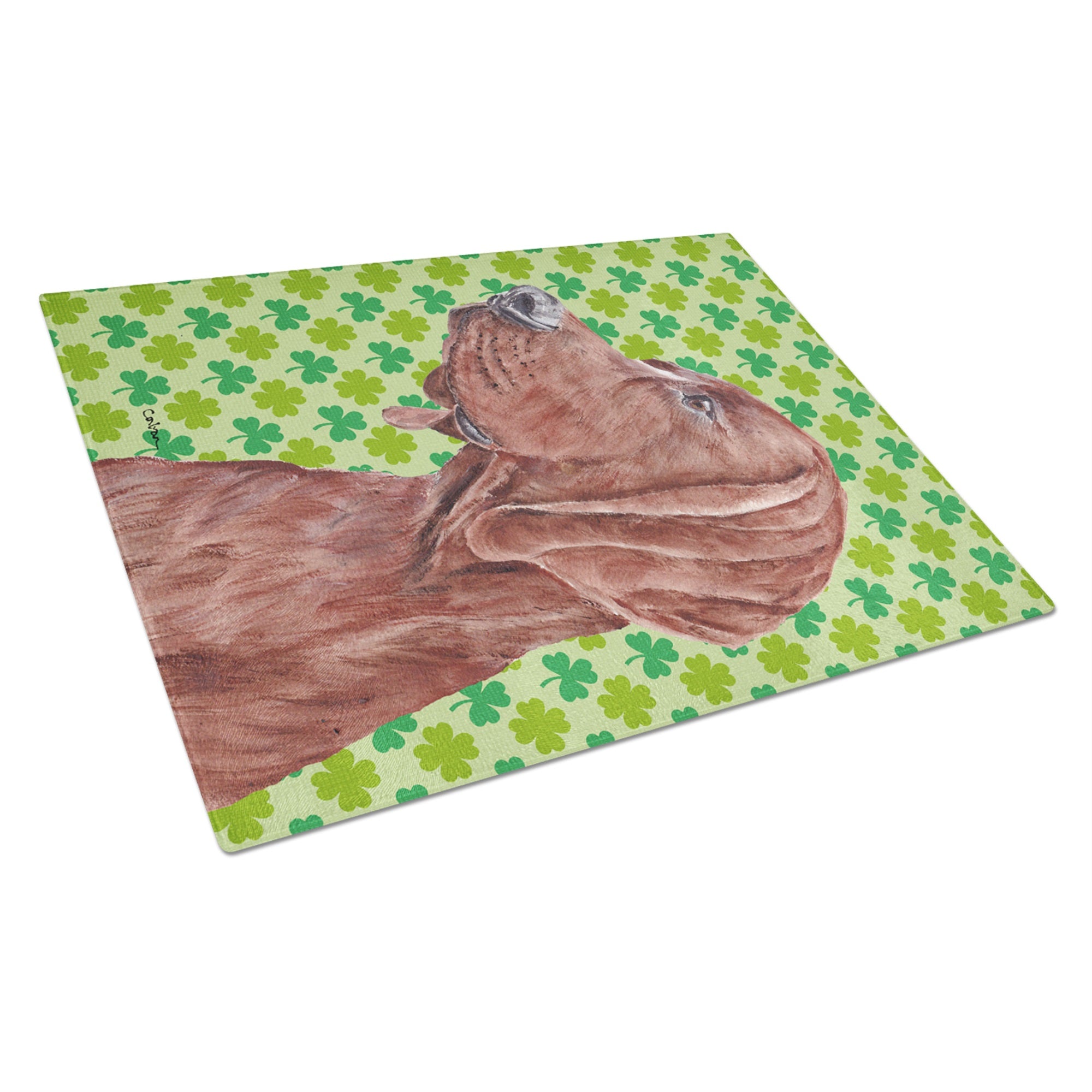 Redbone Coonhound Lucky Shamrock St. Patrick'S Day Glass Cutting Board Large
