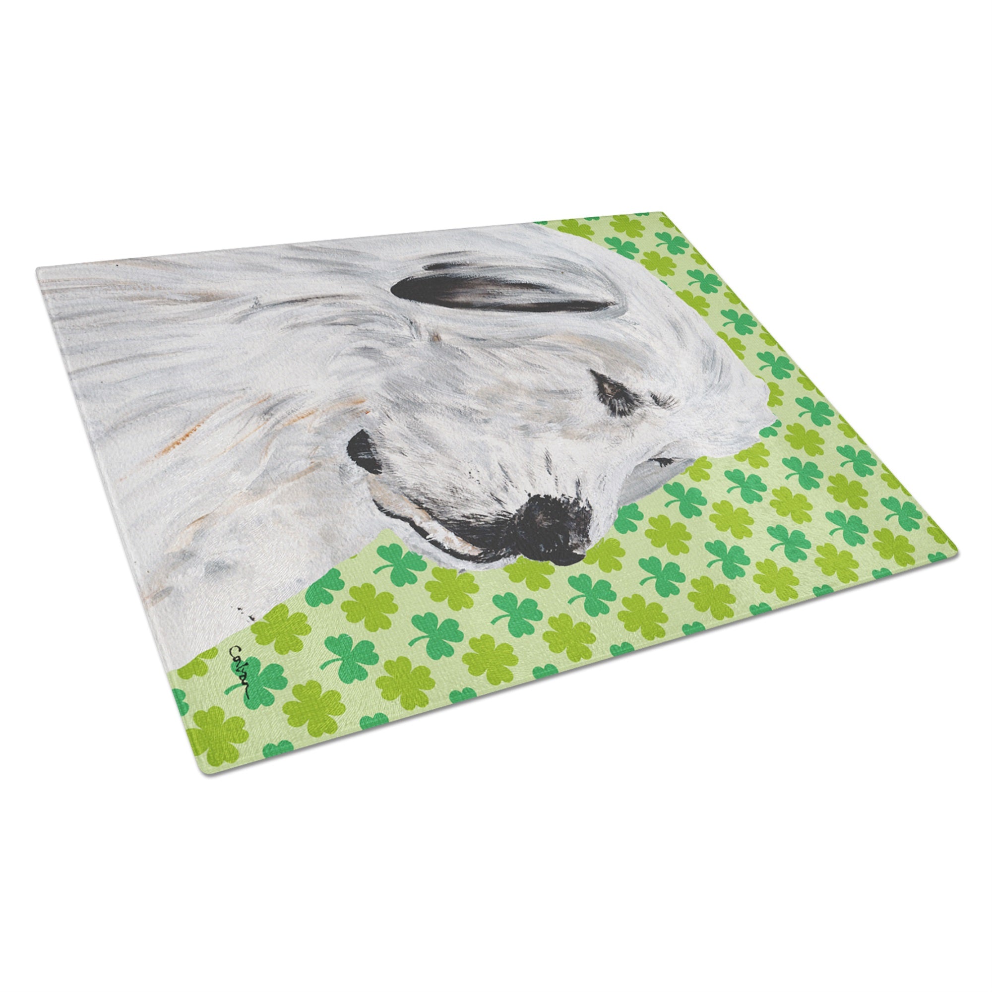 Great Pyrenees Lucky Shamrock St. Patrick'S Day Glass Cutting Board Large