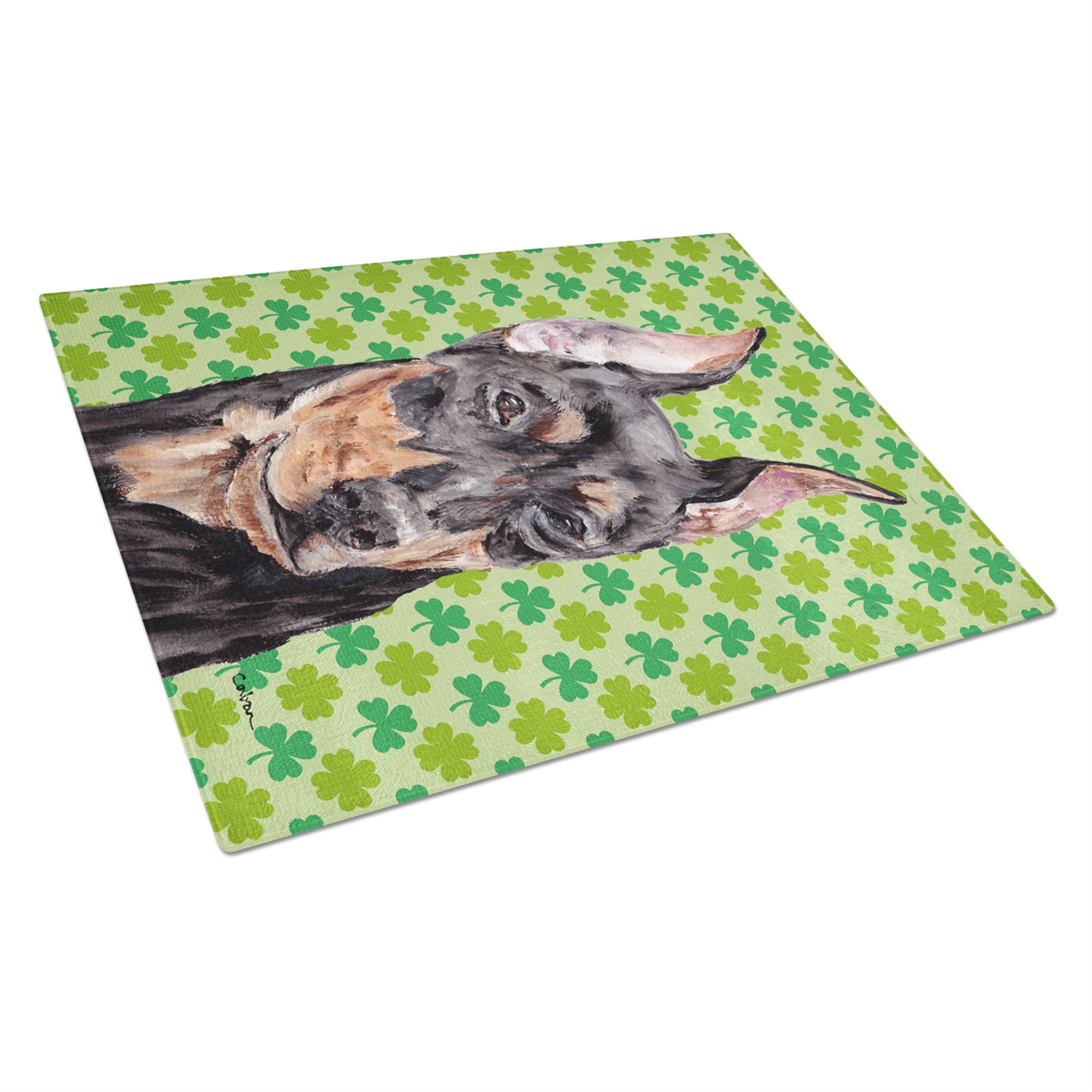 German Pinscher Lucky Shamrock St. Patrick'S Day Glass Cutting Board Large