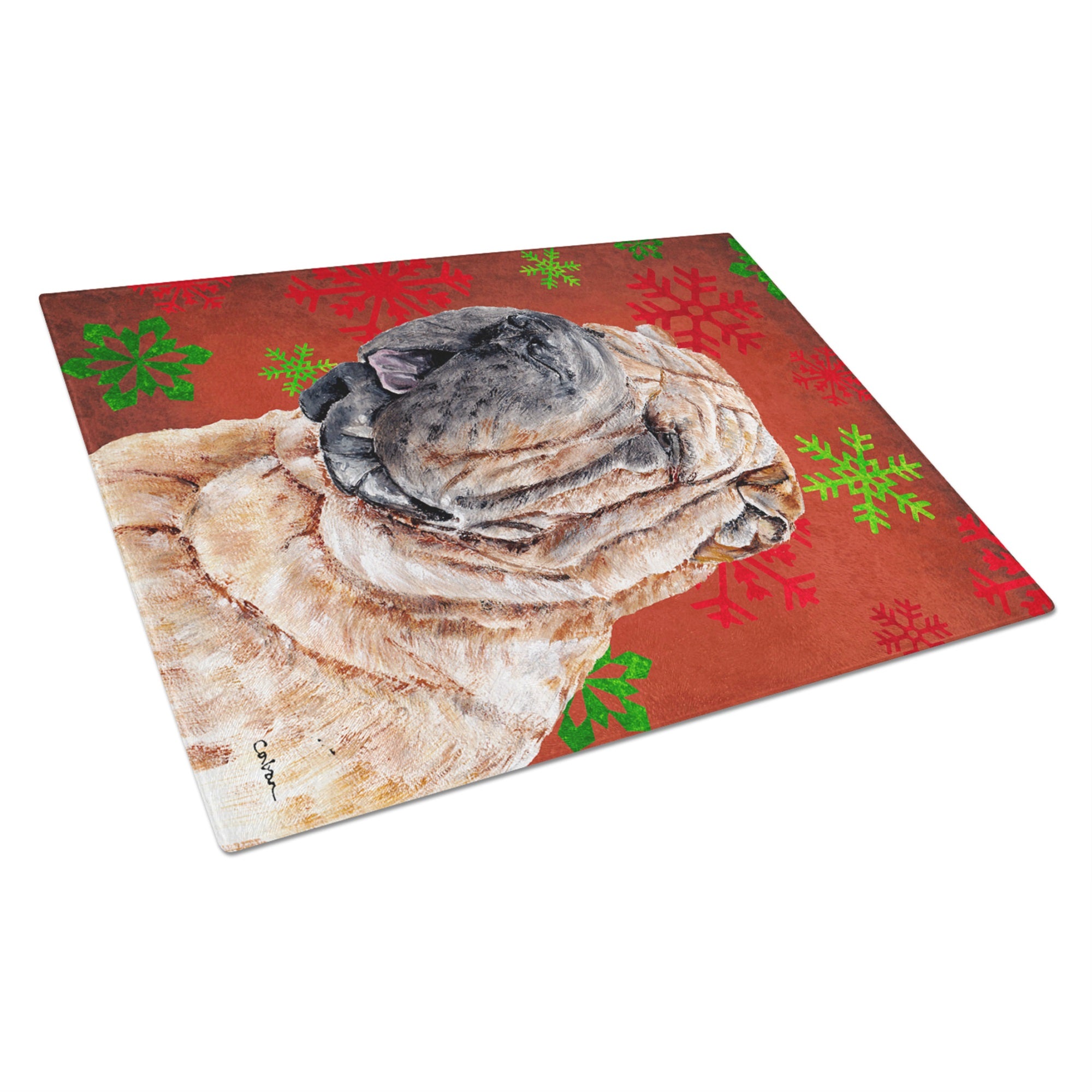 Shar Pei Red Snowflakes Holiday Glass Cutting Board Large