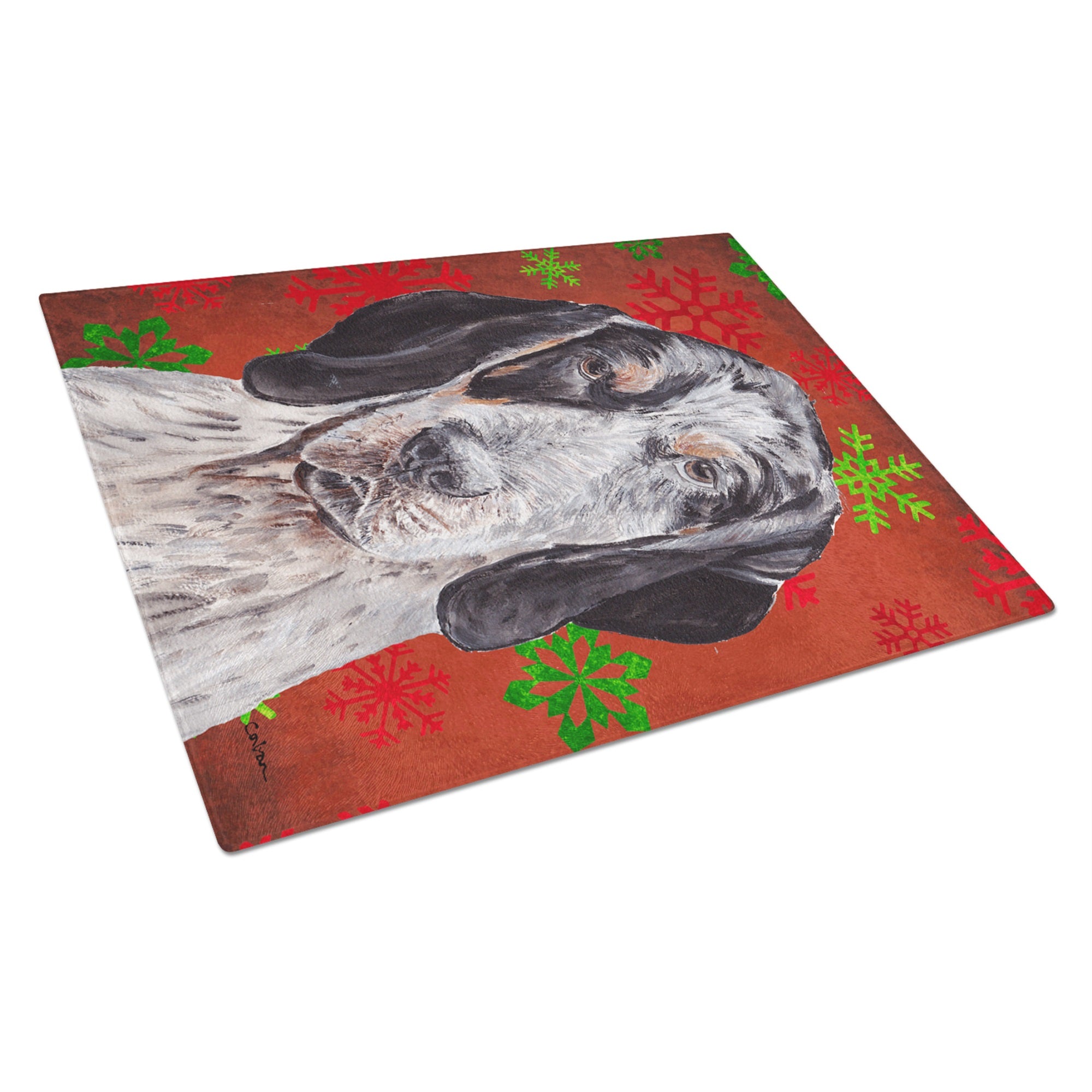 Blue Tick Coonhound Red Snowflakes Holiday Glass Cutting Board Large