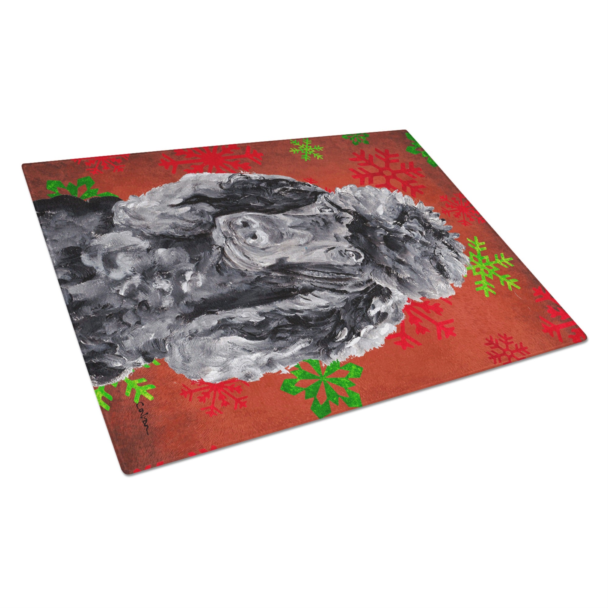 Black Standard Poodle Red Snowflakes Holiday Glass Cutting Board Large