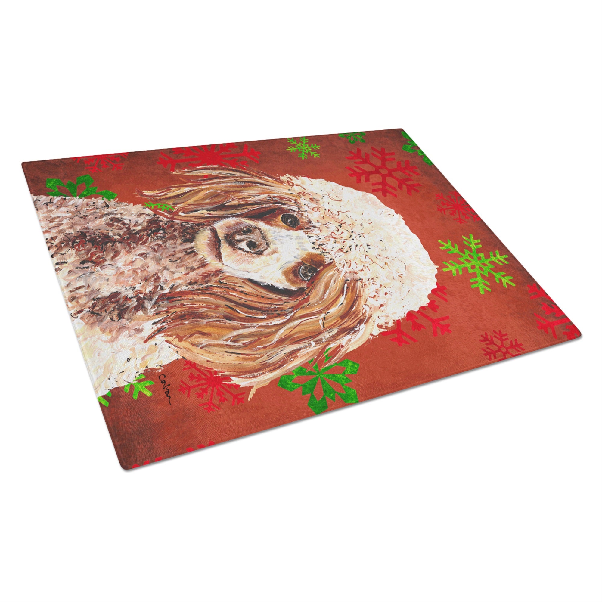 Red Miniature Poodle Red Snowflakes Holiday Glass Cutting Board Large