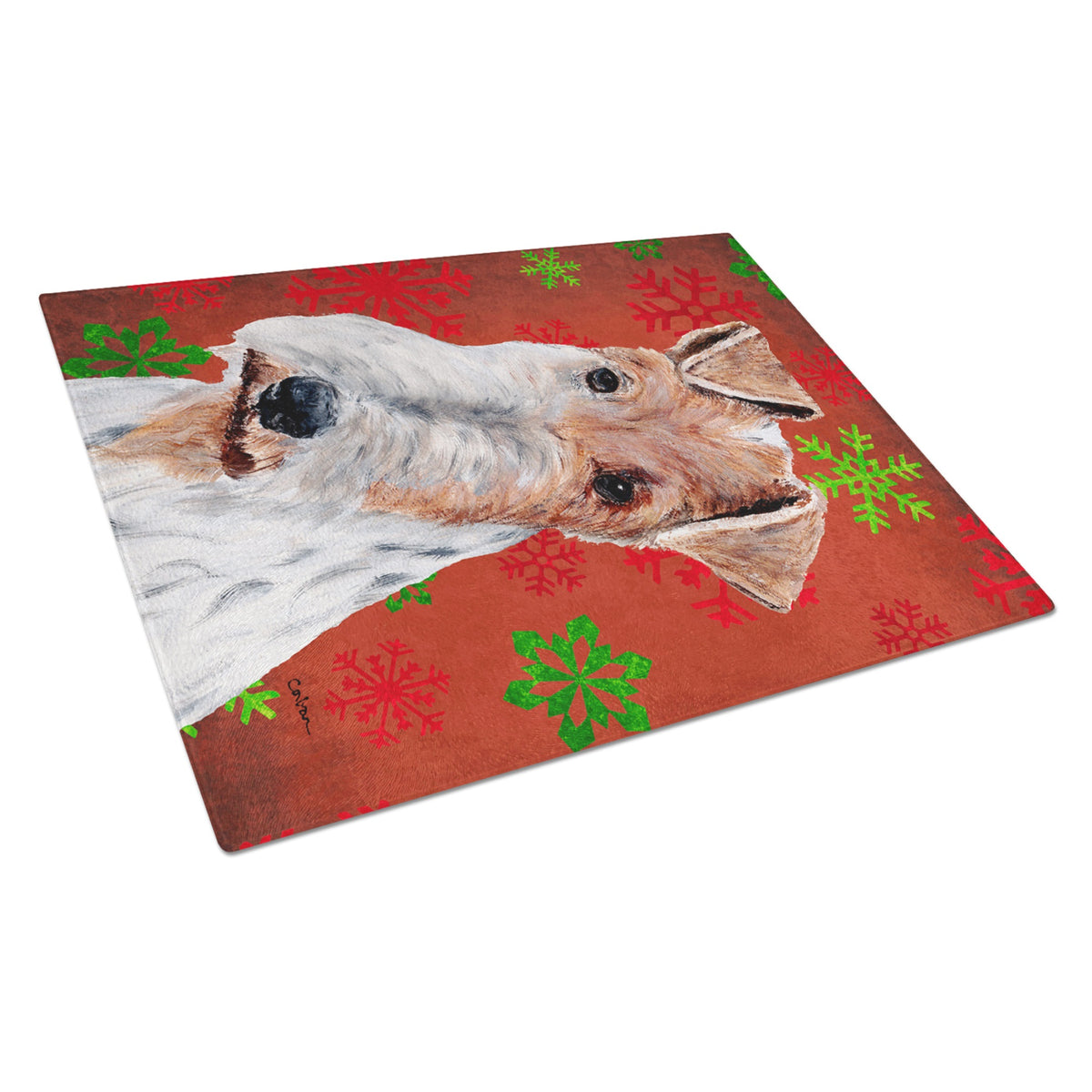 Wire Fox Terrier Red Snowflakes Holiday Glass Cutting Board Large