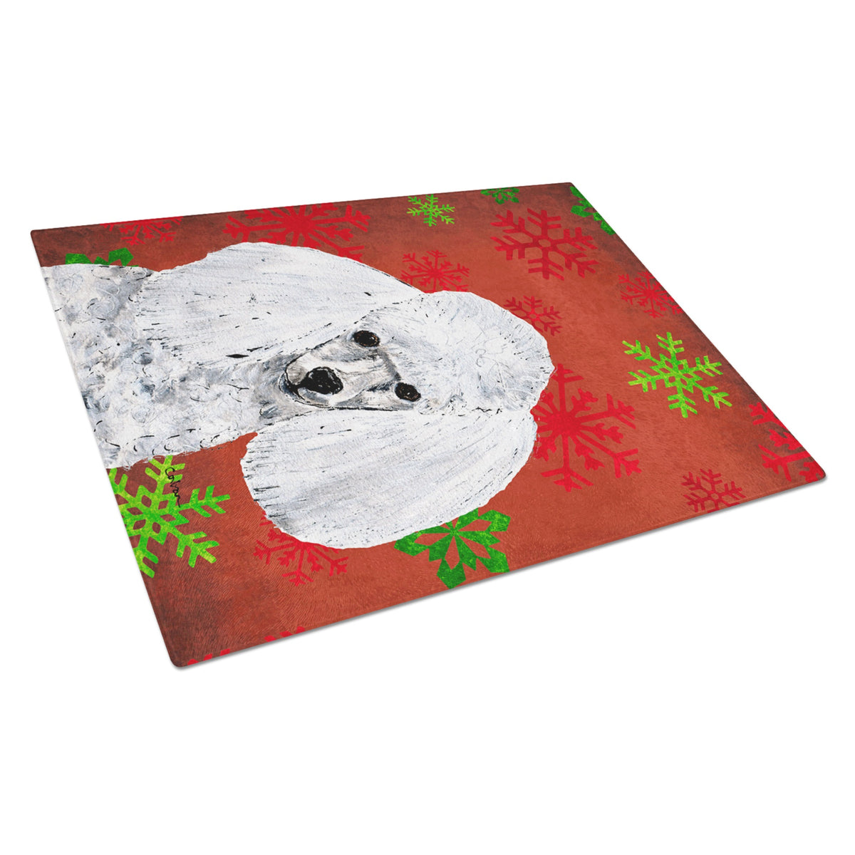 White Toy Poodle Red Snowflakes Holiday Glass Cutting Board Large
