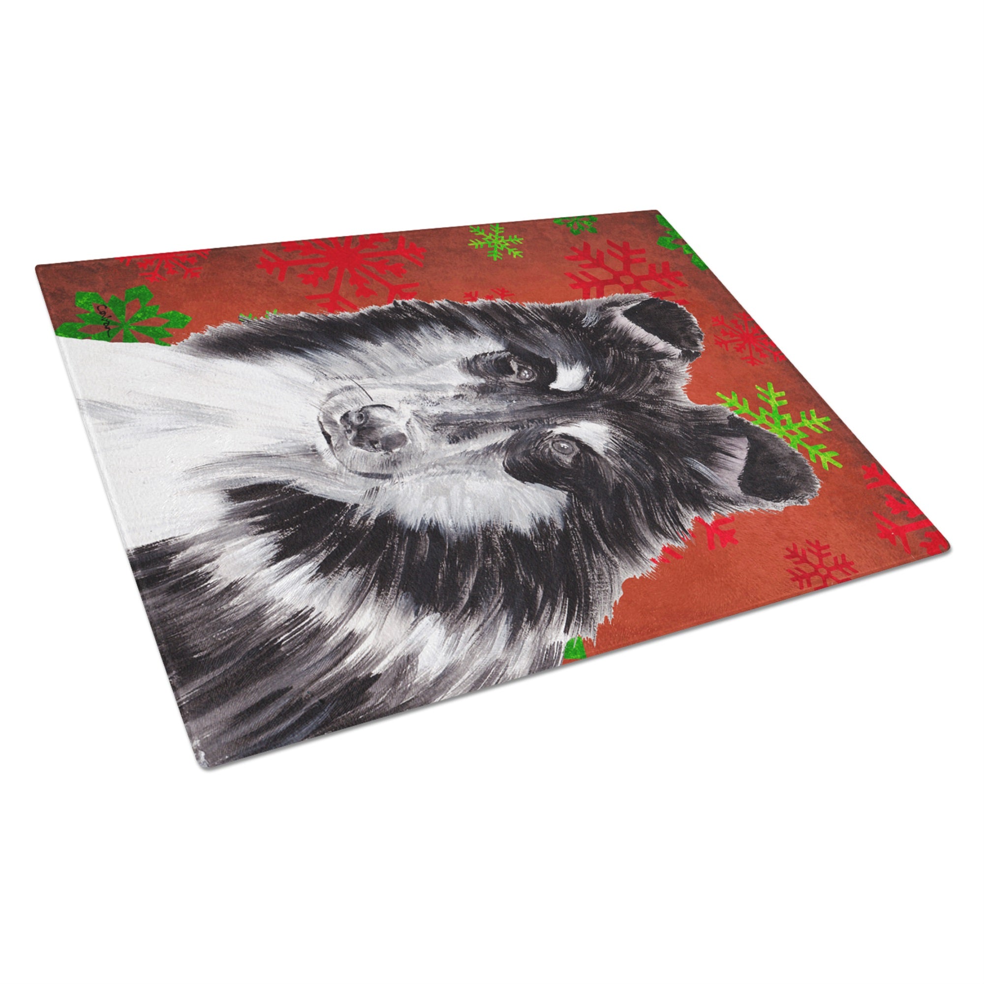 Black And White Collie Red Snowflakes Holiday Glass Cutting Board Large