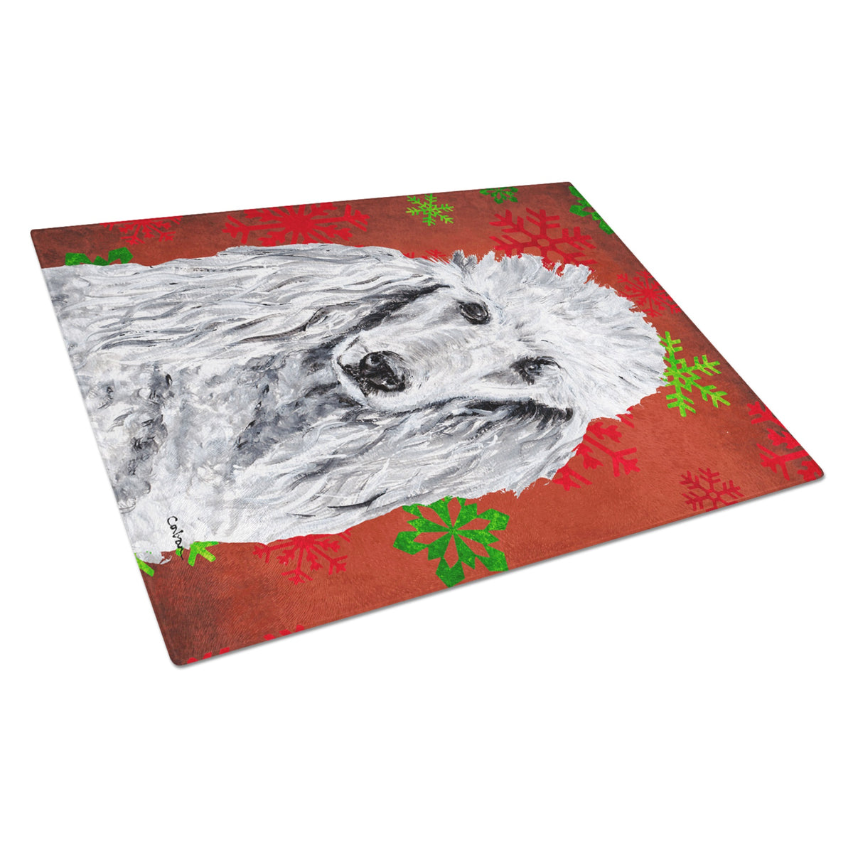 White Standard Poodle Red Snowflakes Holiday Glass Cutting Board Large