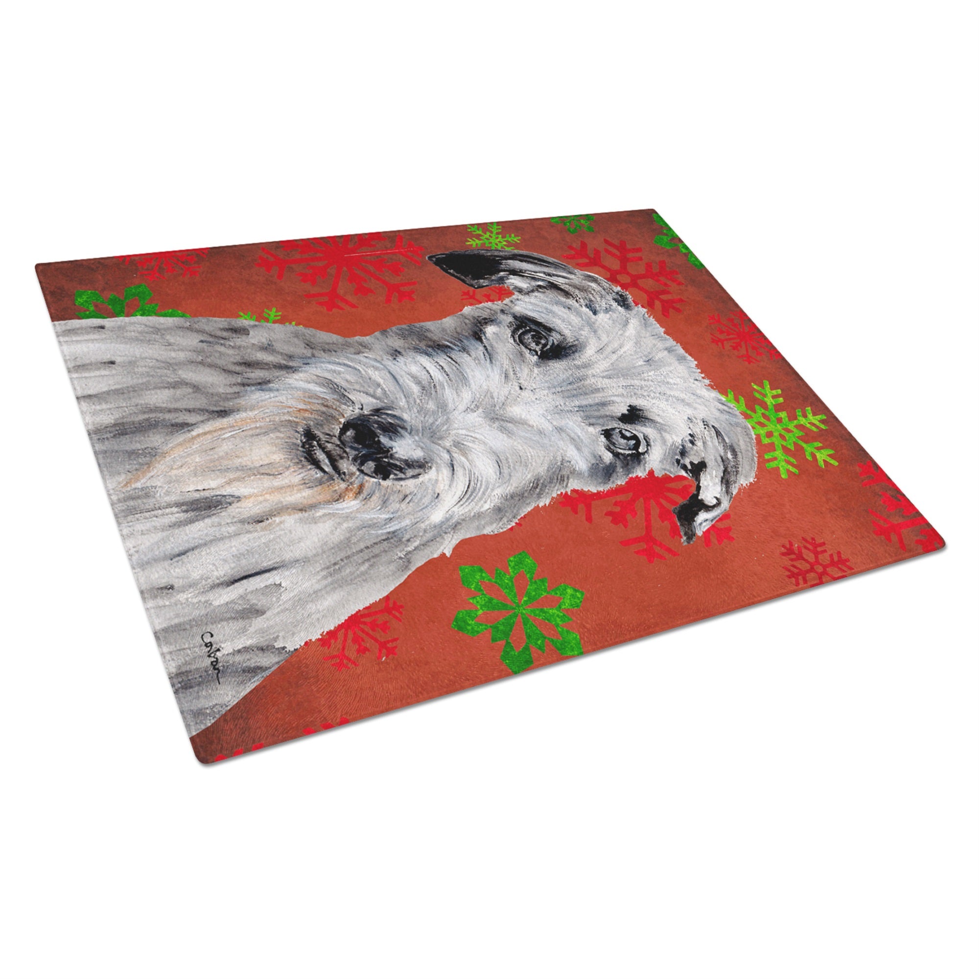 Scottish Deerhound Red Snowflakes Holiday Glass Cutting Board Large