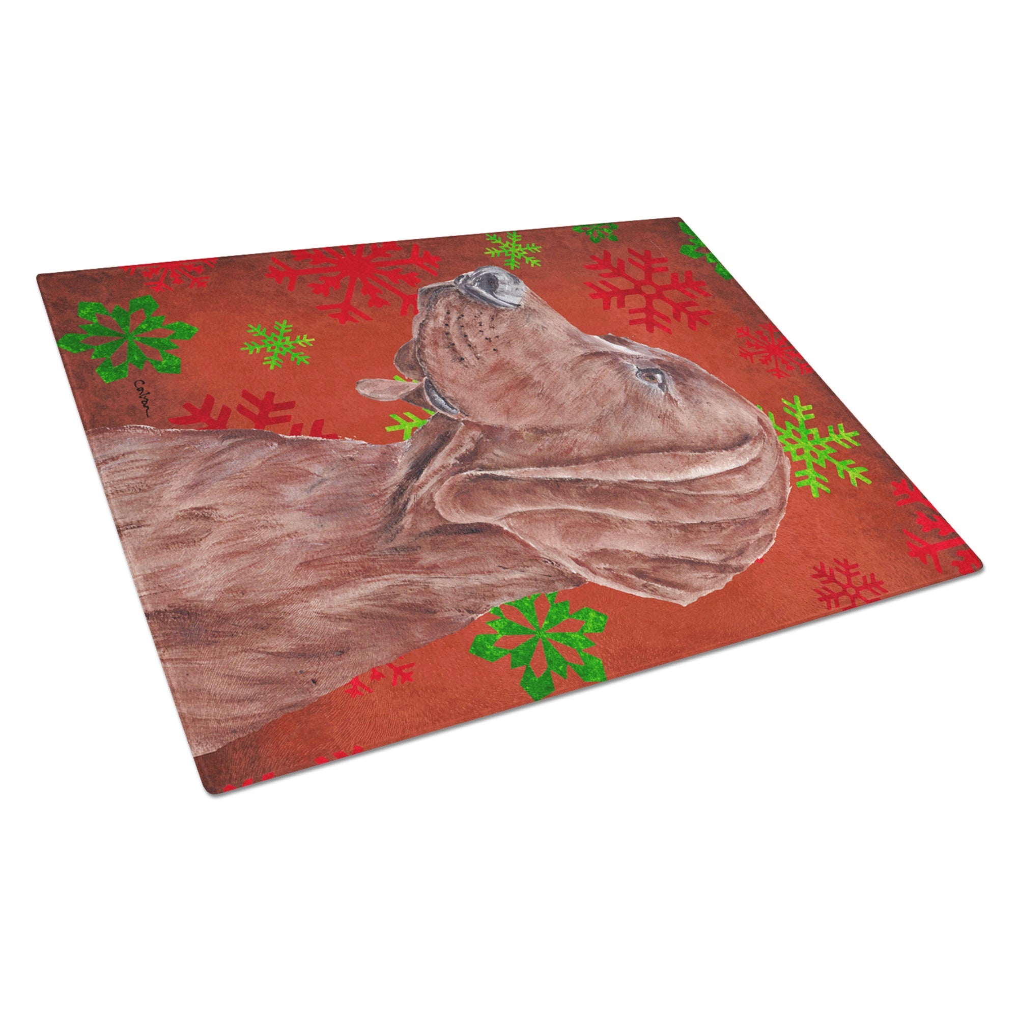 Redbone Coonhound Red Snowflakes Holiday Glass Cutting Board Large