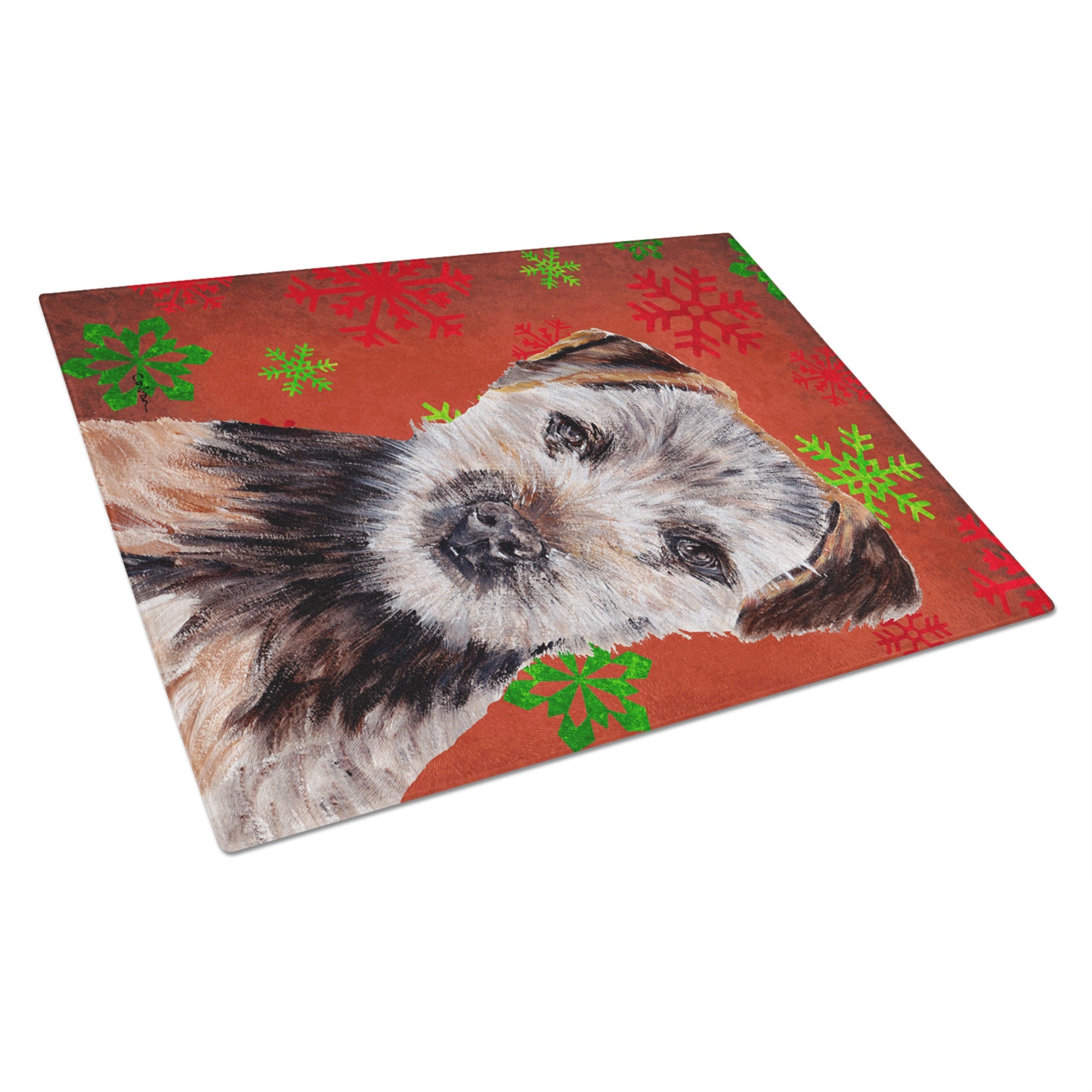 Norfolk Terrier Puppy Red Snowflakes Holiday Glass Cutting Board Large