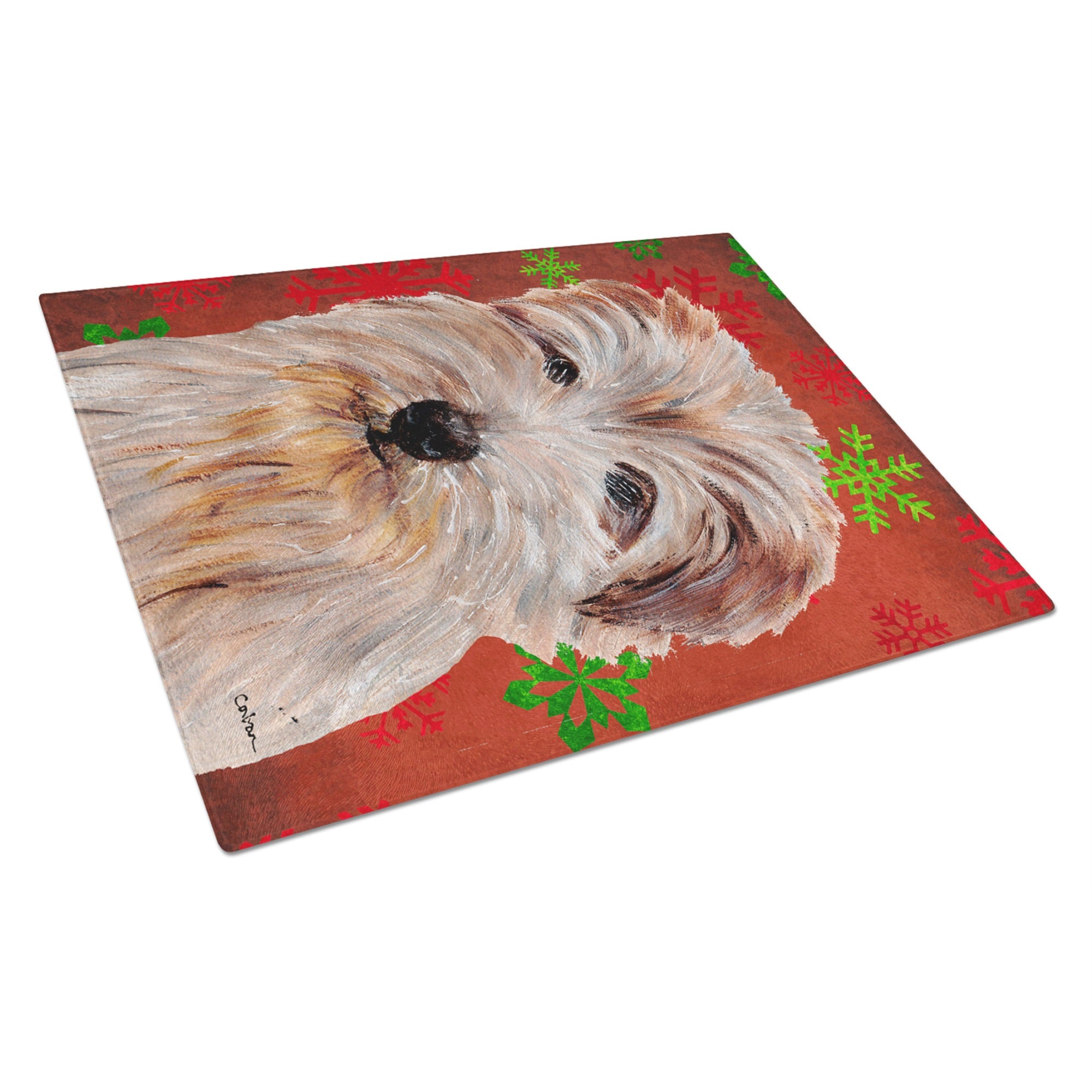 Norfolk Terrier Red Snowflakes Holiday Glass Cutting Board Large