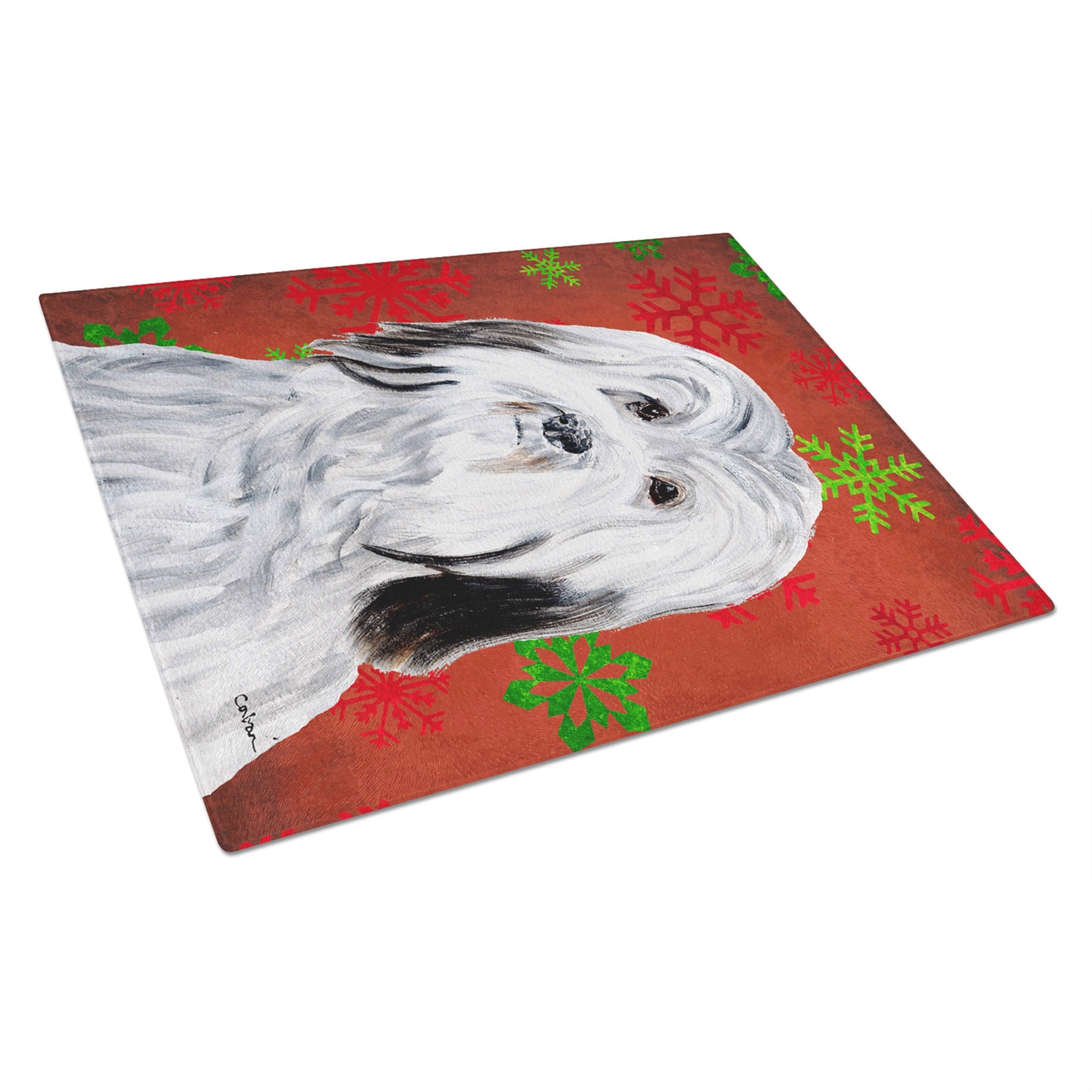 Havanese Red Snowflakes Holiday Glass Cutting Board Large