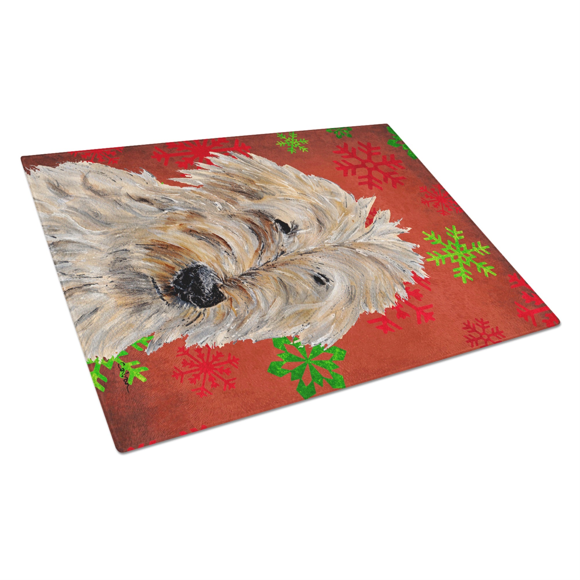 Golden Doodle 2 Red Snowflakes Holiday Glass Cutting Board Large