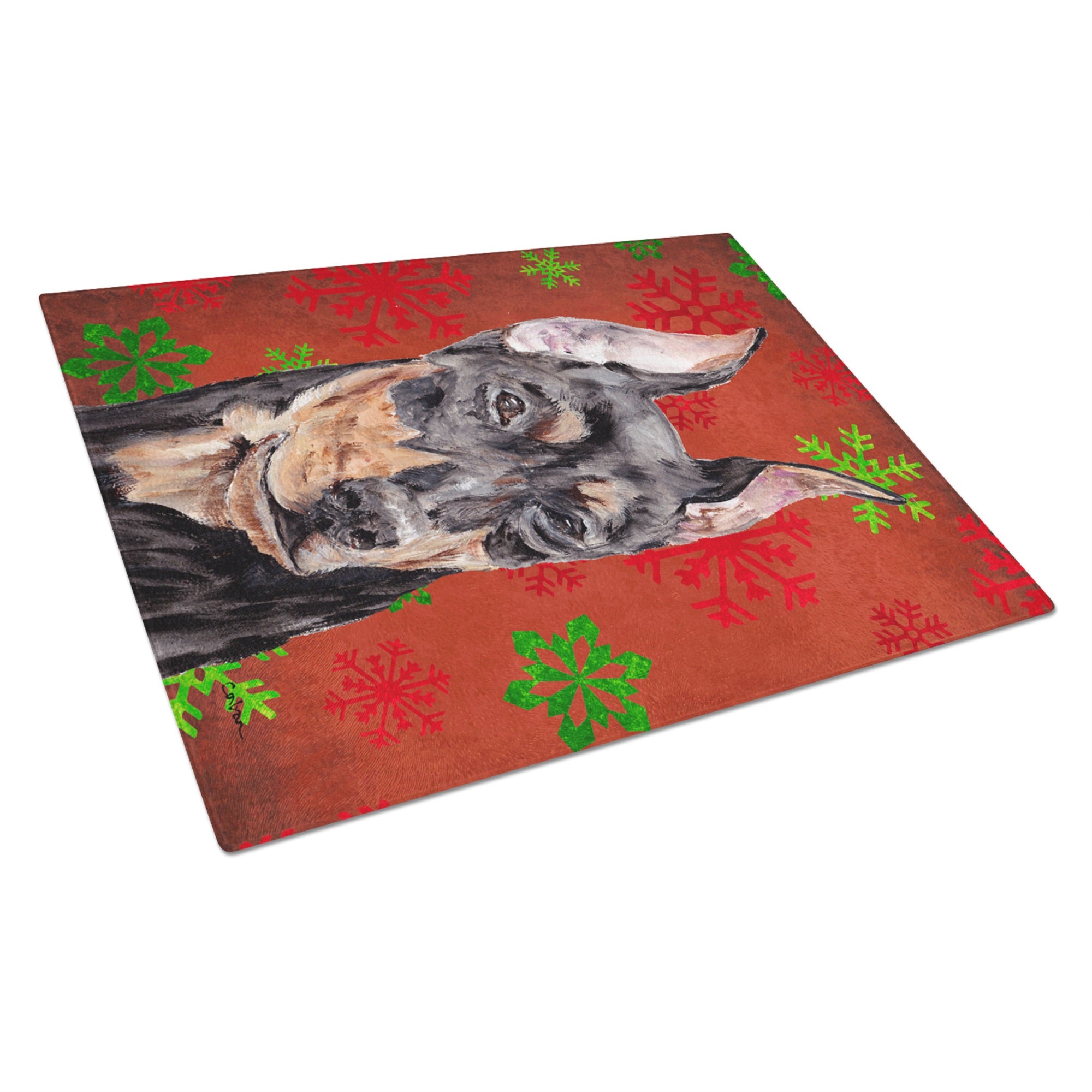 German Pinscher Red Snowflakes Holiday Glass Cutting Board Large