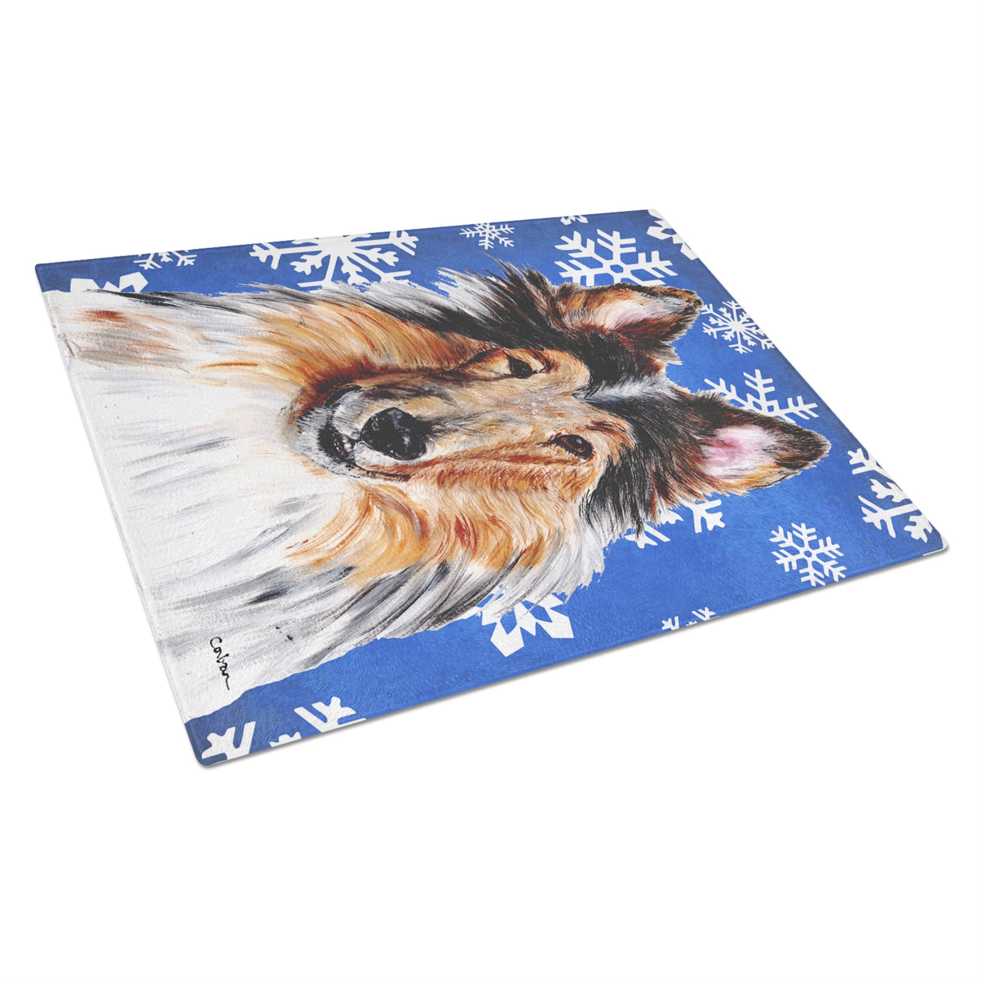 Collie Winter Snowflakes Glass Cutting Board Large