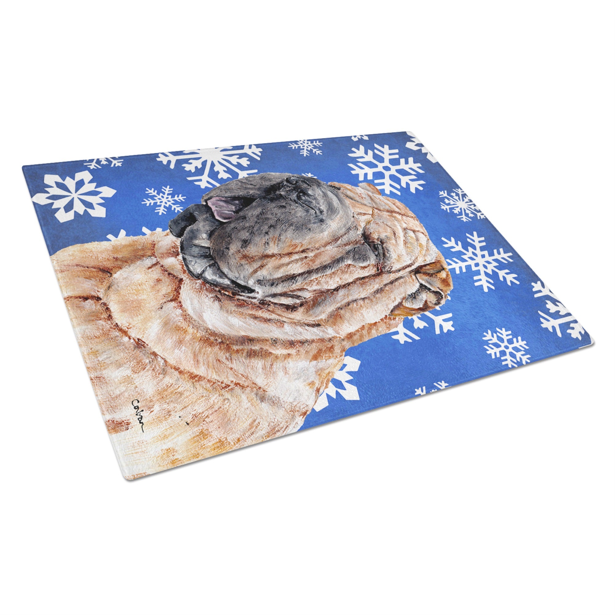 Shar Pei Winter Snowflakes Glass Cutting Board Large