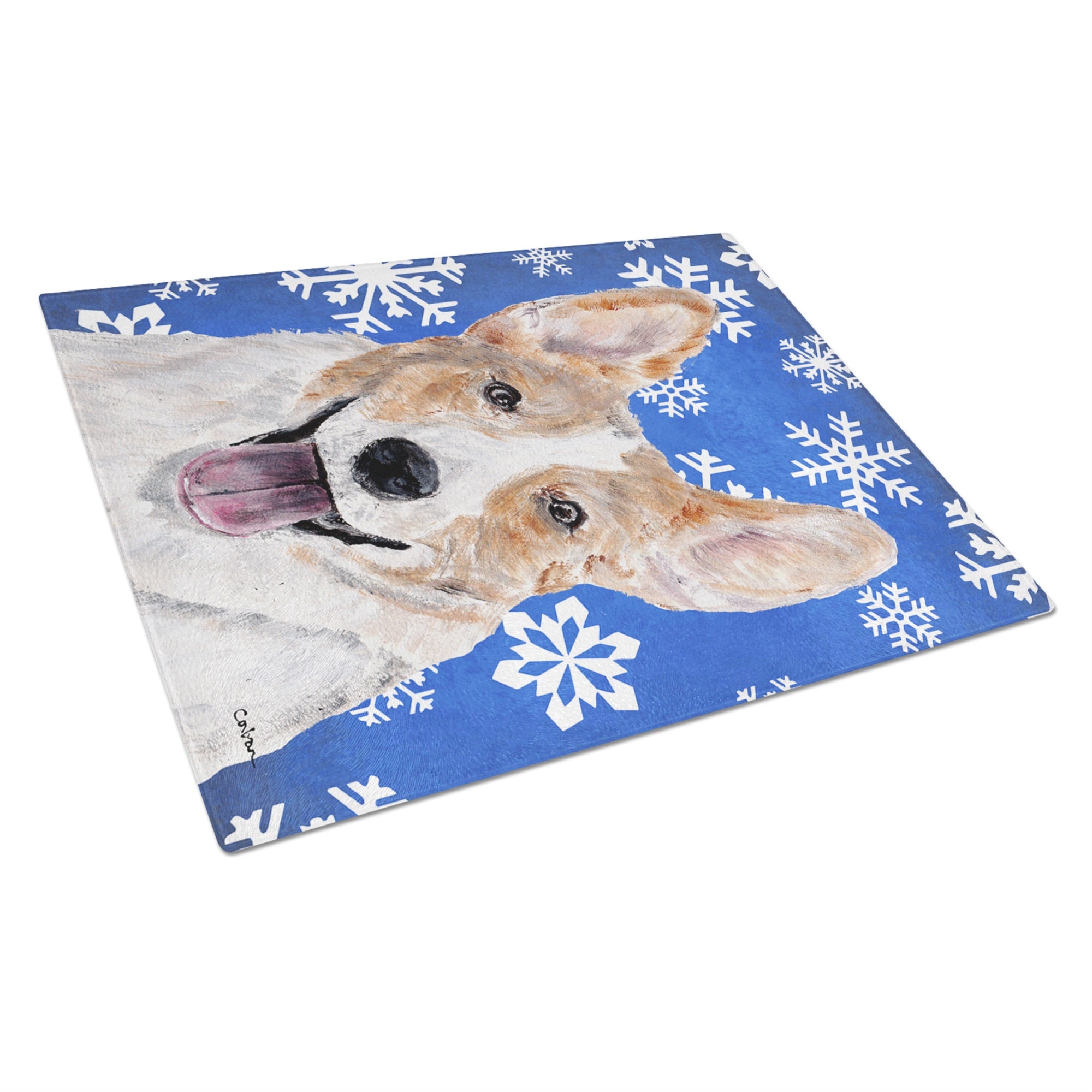 Cardigan Corgi Winter Snowflakes Glass Cutting Board Large