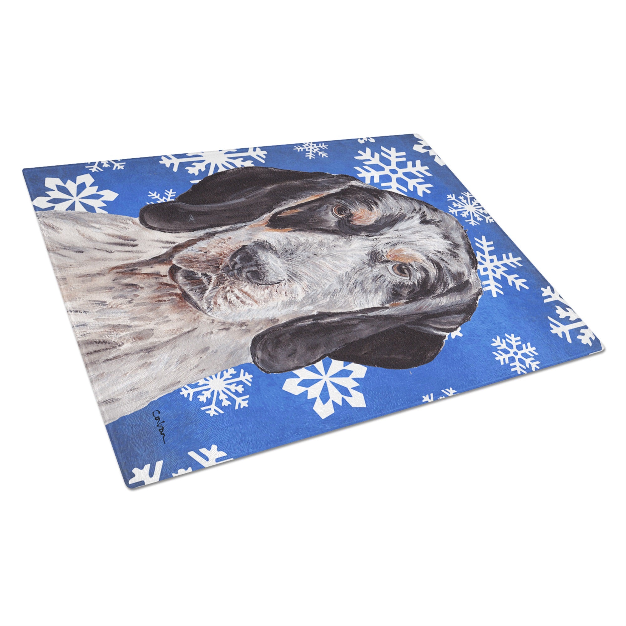 Blue Tick Coonhound Winter Snowflakes Glass Cutting Board Large