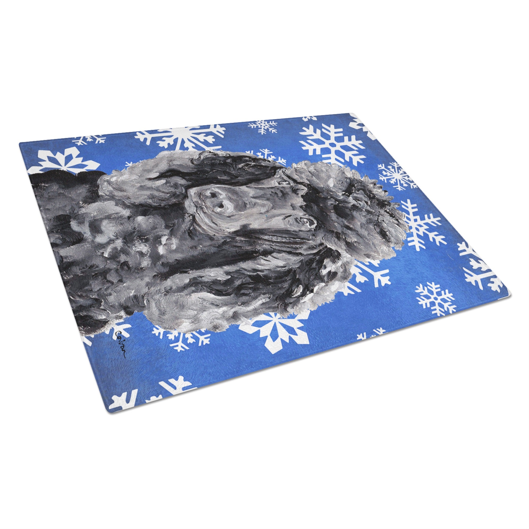 Black Standard Poodle Winter Snowflakes Glass Cutting Board Large