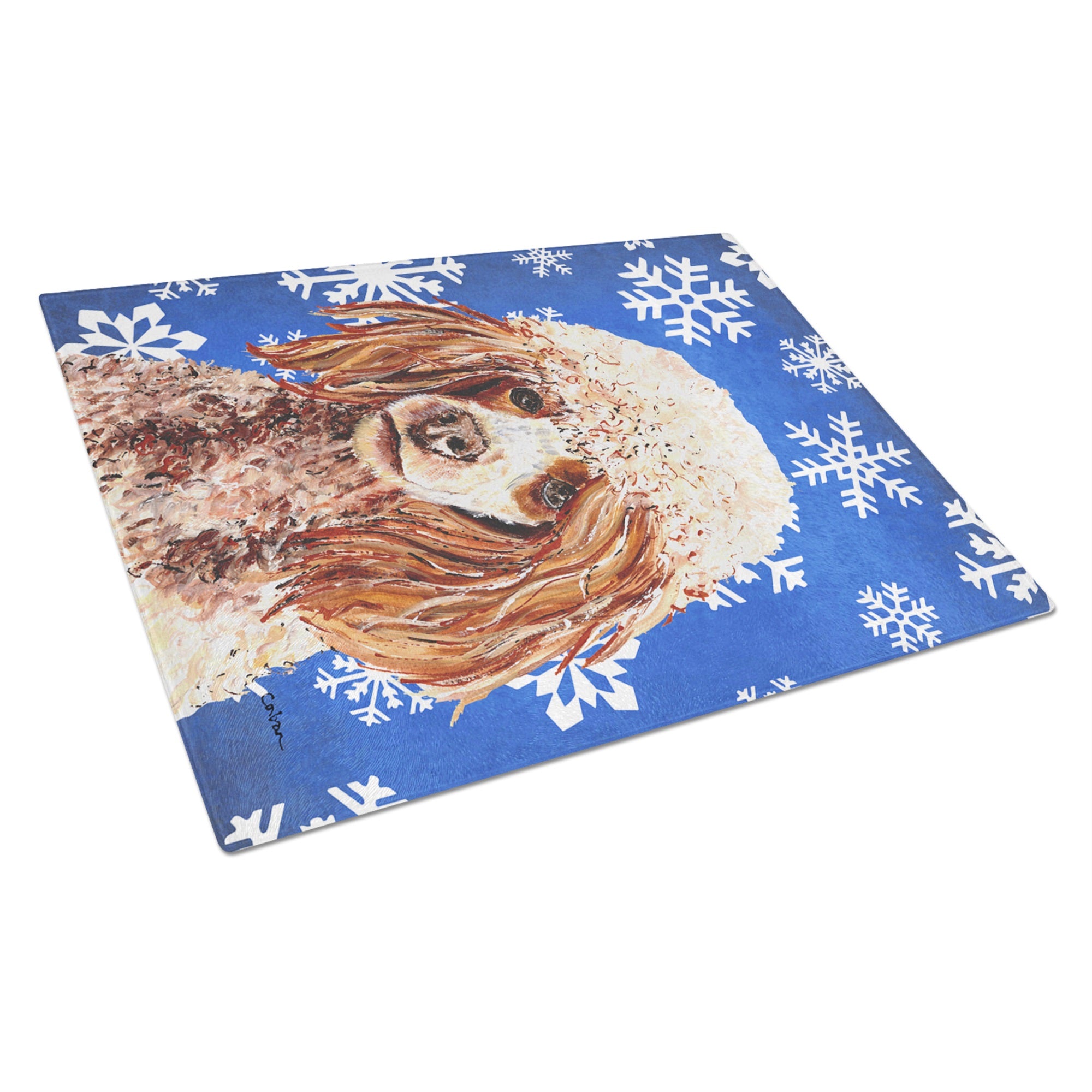 Red Miniature Poodle Winter Snowflakes Glass Cutting Board Large