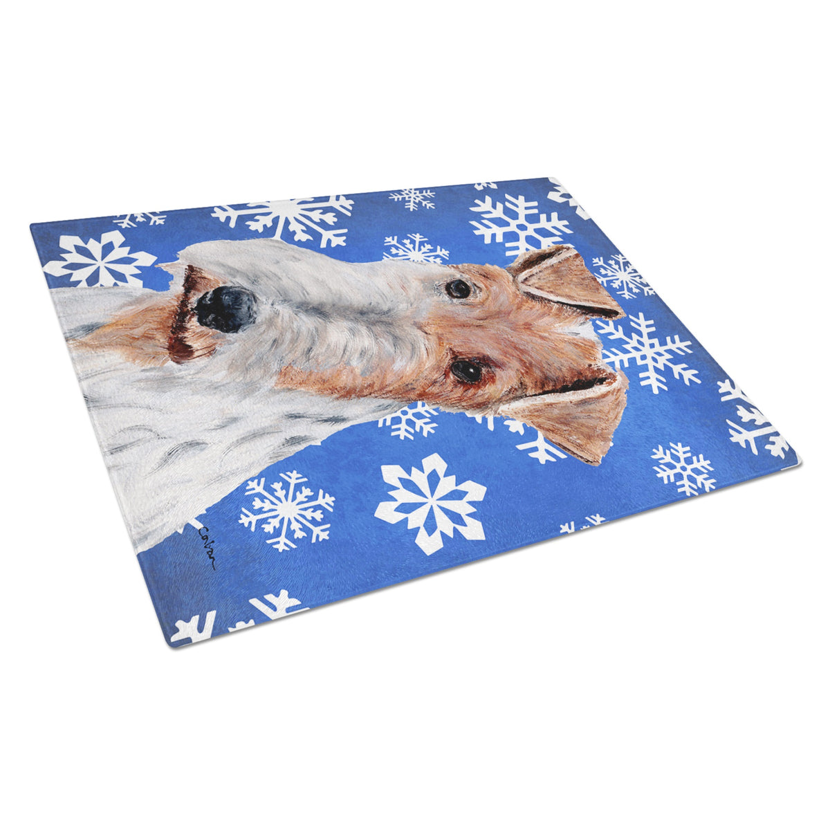 Wire Fox Terrier Winter Snowflakes Glass Cutting Board Large