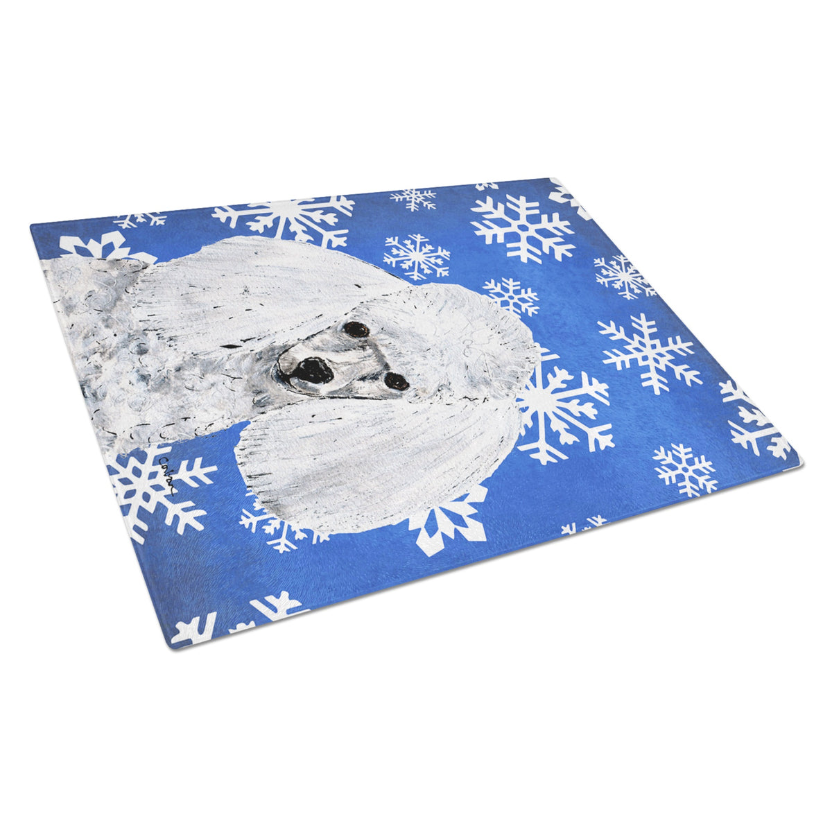 White Toy Poodle Winter Snowflakes Glass Cutting Board Large