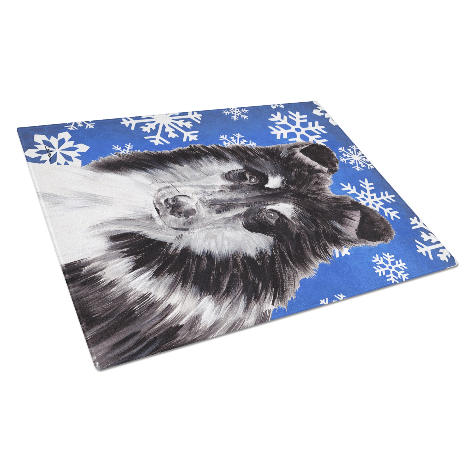 Black And White Collie Winter Snowflakes Glass Cutting Board Large