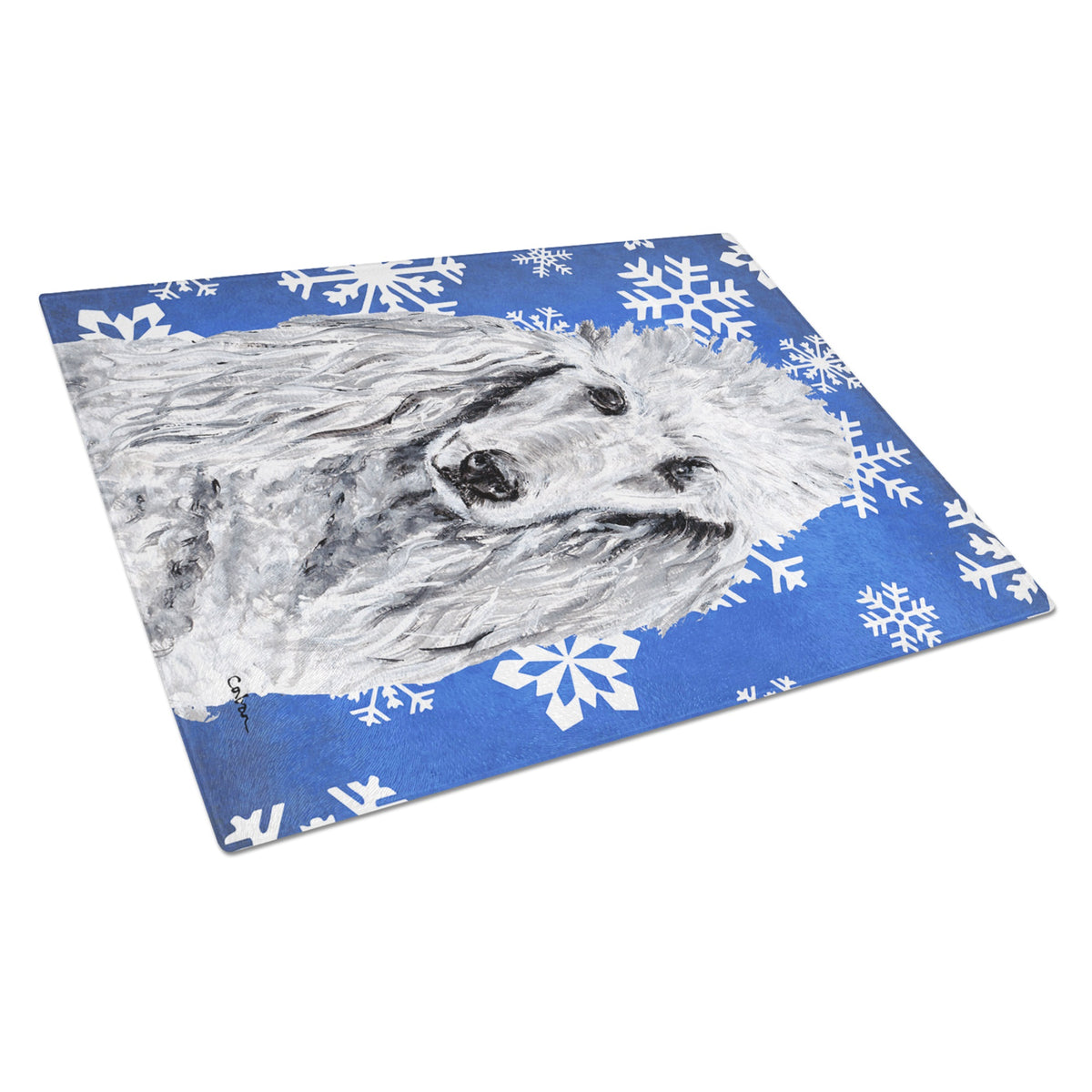 White Standard Poodle Winter Snowflakes Glass Cutting Board Large